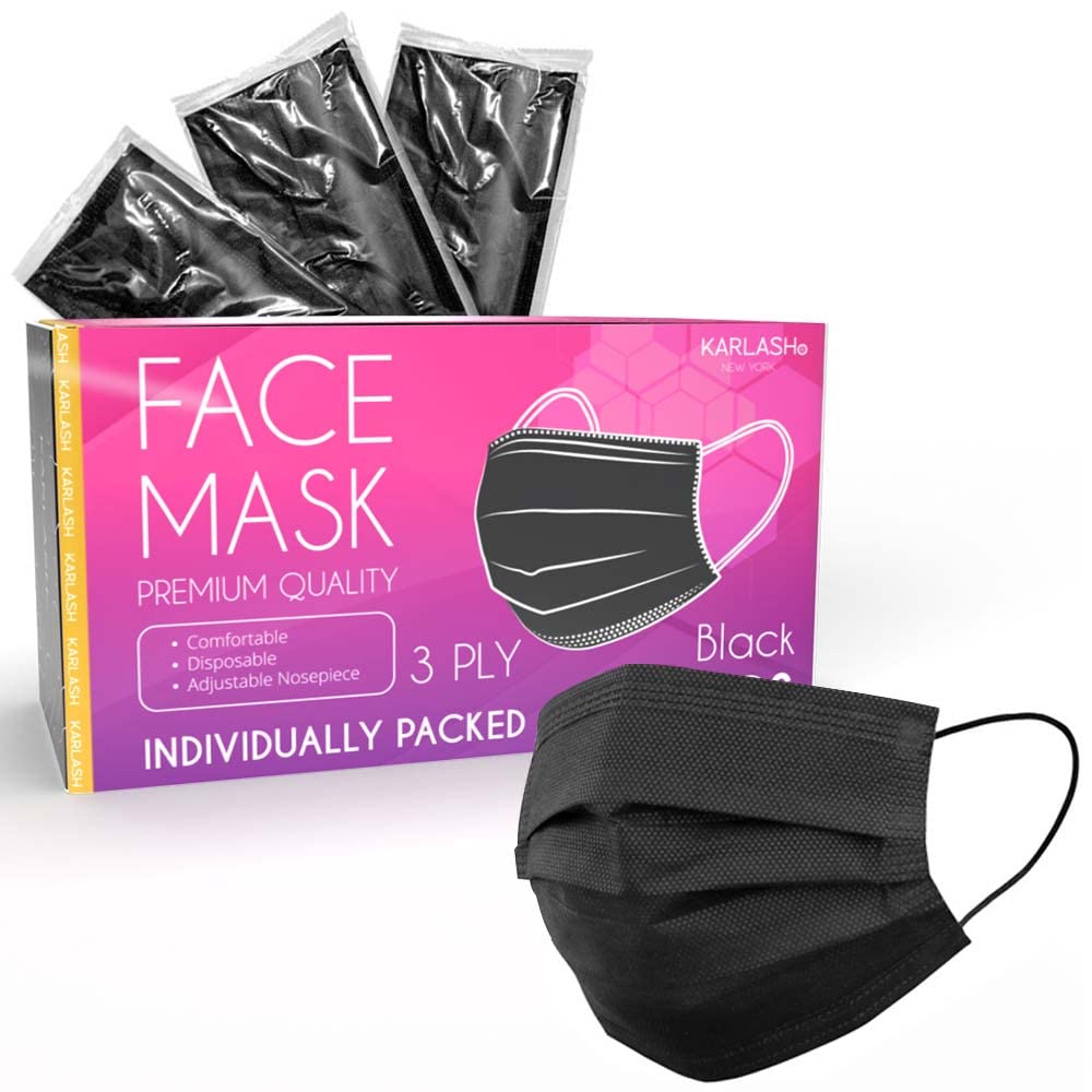 Karlash Black Mask 3-Ply Disposable Face Mask Individually Wrapped with Elastic Earloops, Face Protection - Pack of 50