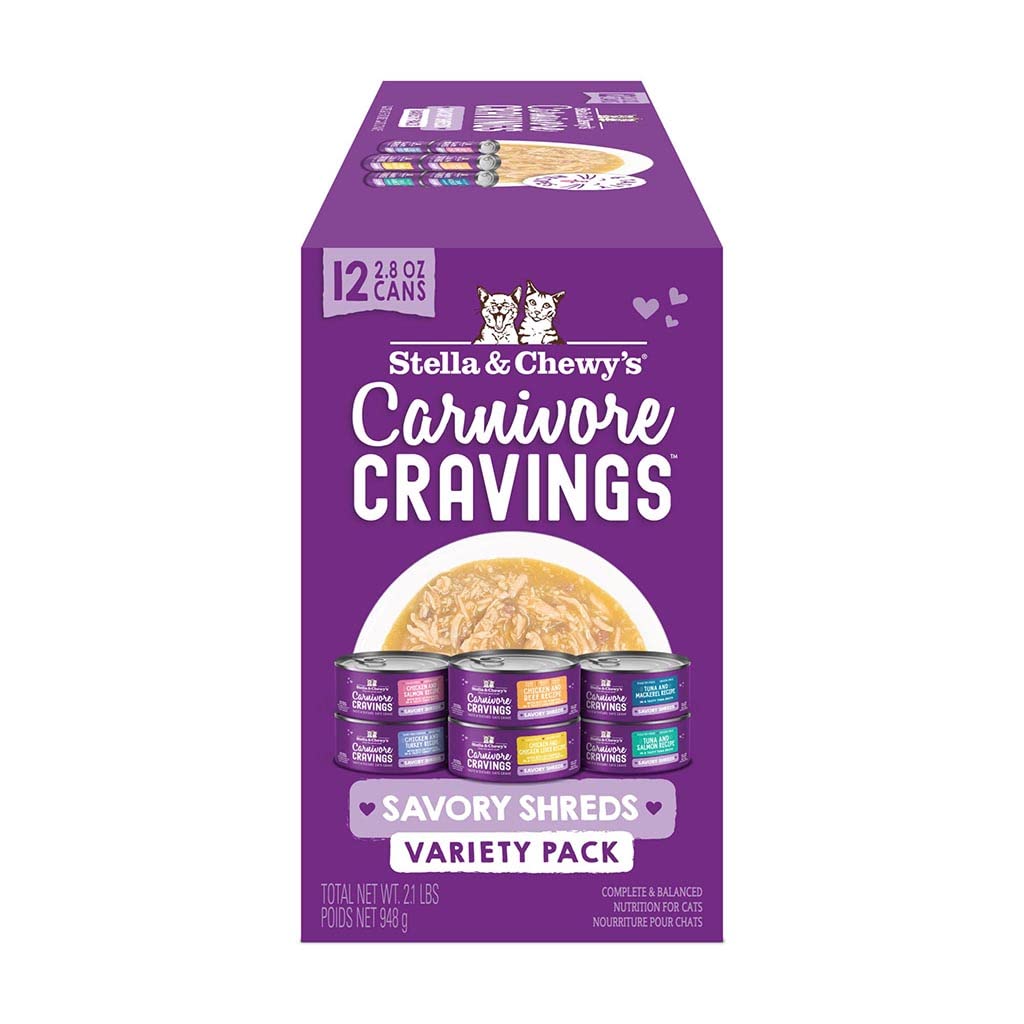 Stella & Chewy’s Carnivore Cravings Savory Shreds Canned Wet Cat Food Variety Pack – (2.8 Ounce Cans, Case of 12)