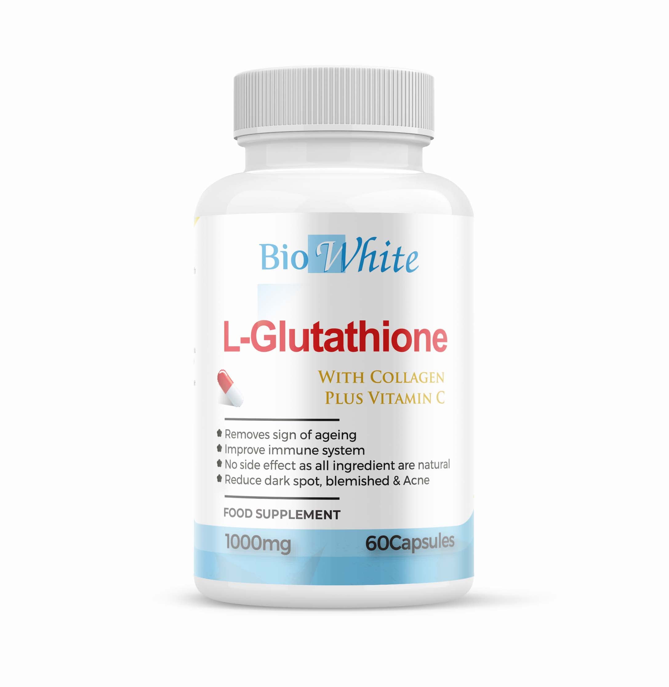 Bio White Glutathione Supplement - Natural Skin Whitening Anti-Aging Benefits and Improves Immunity, L-Glutathione Pills for Men & Women - Pure Antioxidant, 60 Capsules (1000mg)