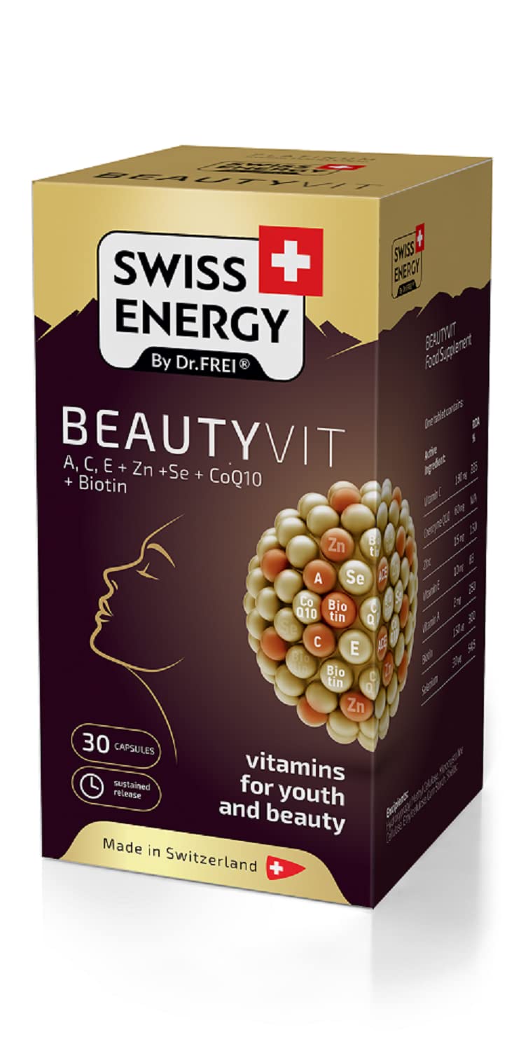 Swiss Energy, Beautyvit Complex for Youth and Beauty with Vitamins A, C, E + Zn + Se + CoQ10 + Biotin, 30 Sustained-Release Capsules Blister