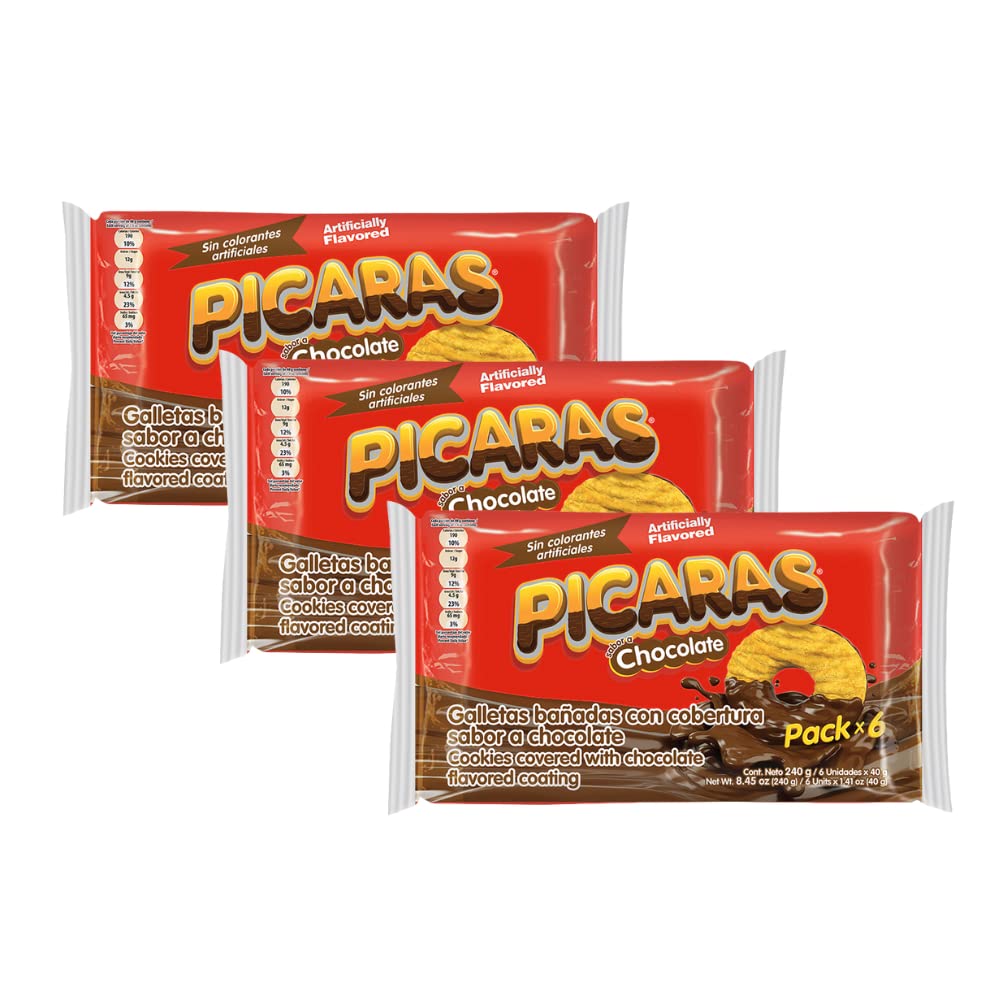 Picaras Chocolate Cookies | Chocolate Flavored Covered Cookies | On-The-Go Treat | 8.45 Oz (Pack of 3)