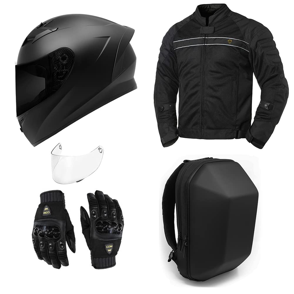 GDM Motorcycle Protective Gear Bundle - (Helmet, Jacket, Gloves, Backpack) Package Set (Large, Stealth Black)