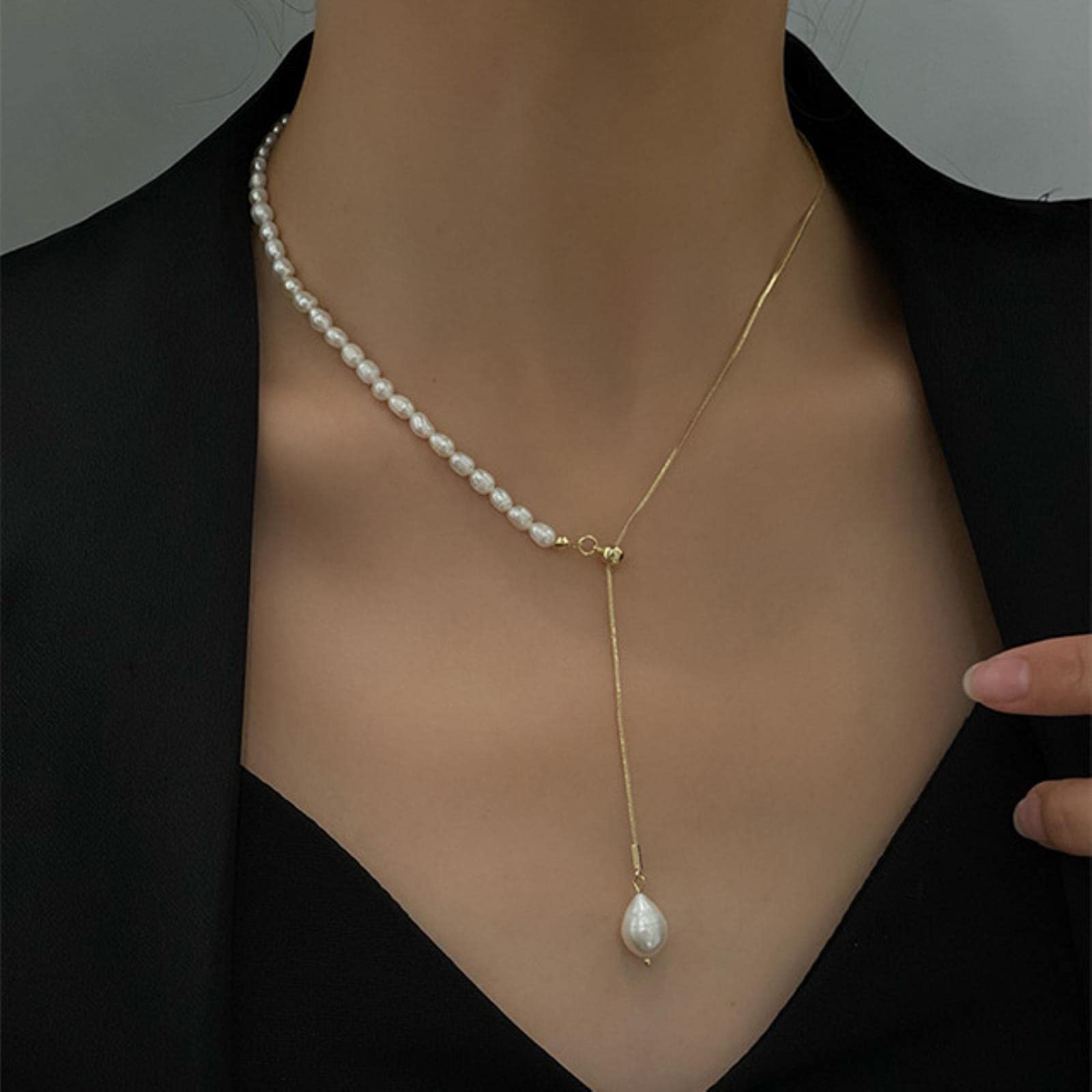 SONGKSONGK Minimalist Natural Freshwater Pearl Necklaces for Women Baroque Pearls Long Tassel Adjustable Chokers Necklace Gifts