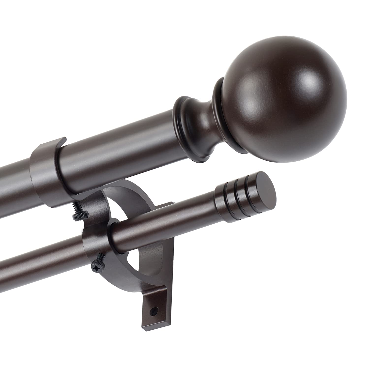 Kemmie 1" Classic Window Curtain Rod with Round & Barrel Finials Simple Double Telescoping Drapery Rod, 36-72", Bronze