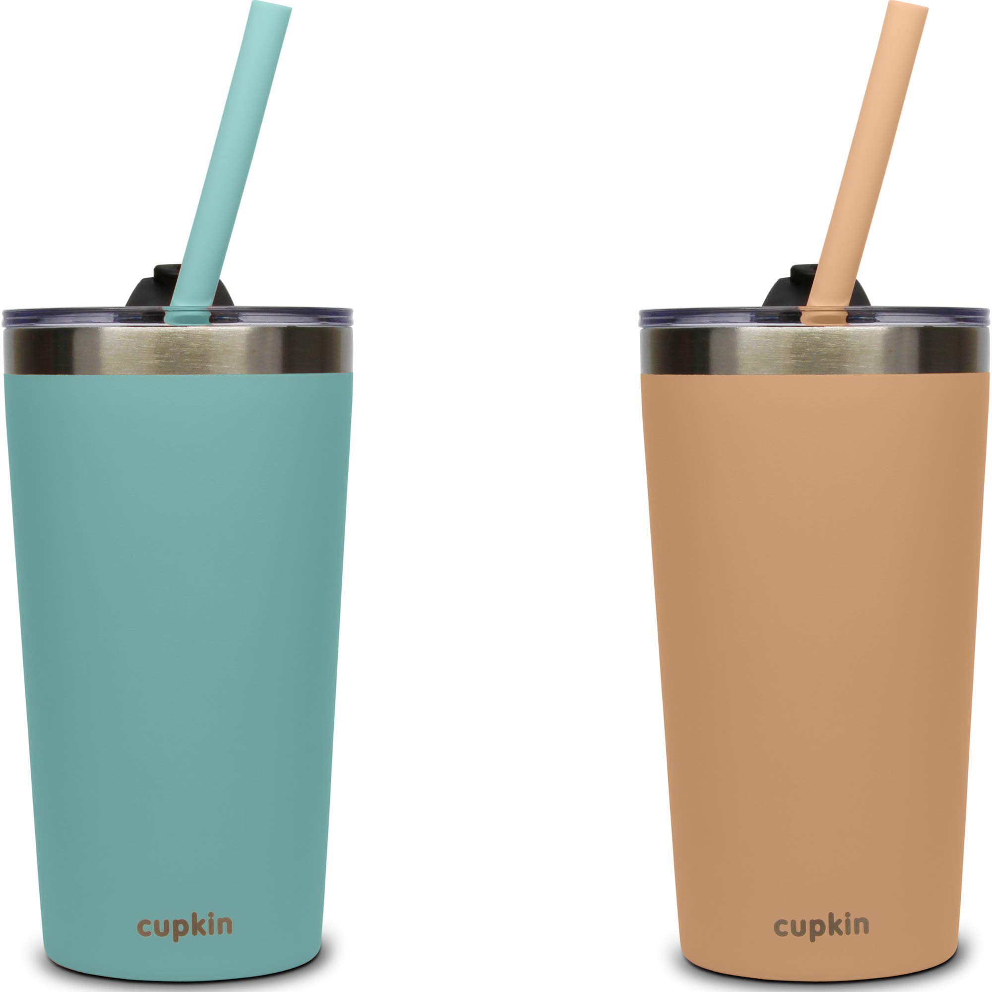 Stackable Stainless Steel Cups For Kids and Toddlers by Cupkin - Set of 2 Powder Coated Vacuum Insulated Tumblers, 2 Non BPA Lids & 2 Food Grade Reusable Silicone Straws (Peach + Teal, 12 OZ)