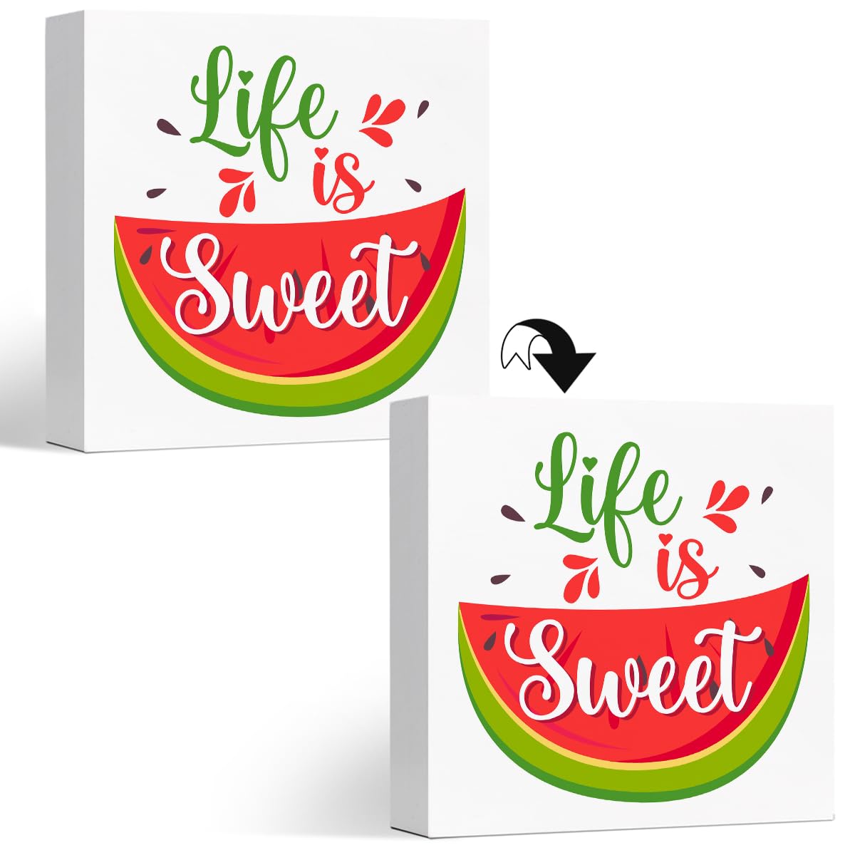 Summer Desk Deocr,Life is Sweet Watermelon Double-Sided Wood Box Sign Decor Desk Sign,Rustic Summer Watermelon Wooden Box Block Sign for Home Office Shelf Table Decor 5 x 5 Inches