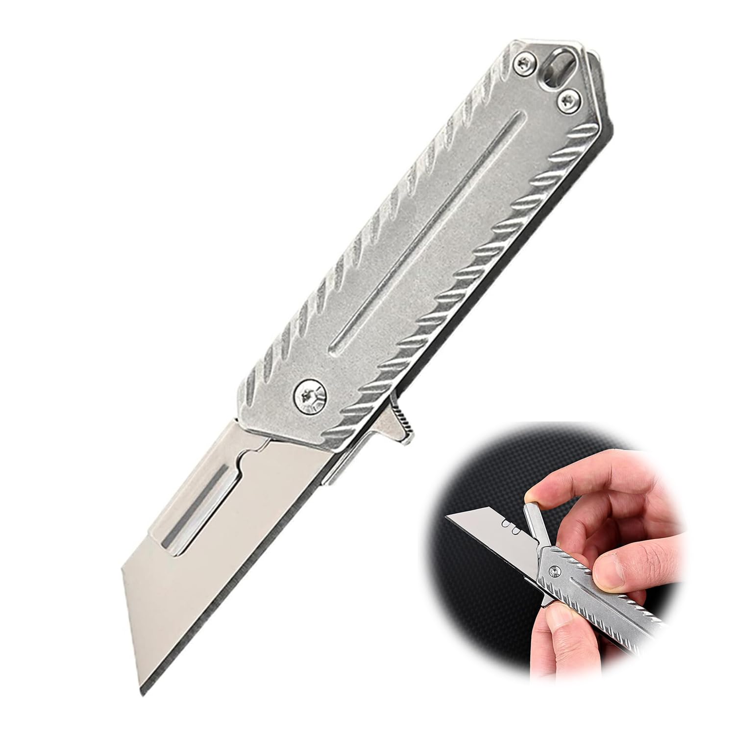 Stainless Steel Folding Utility Knife - Heavy Duty Box Cutter for Cartons, Cardboard and Boxes, Quick Change Blades, Extra 10 Blades Included