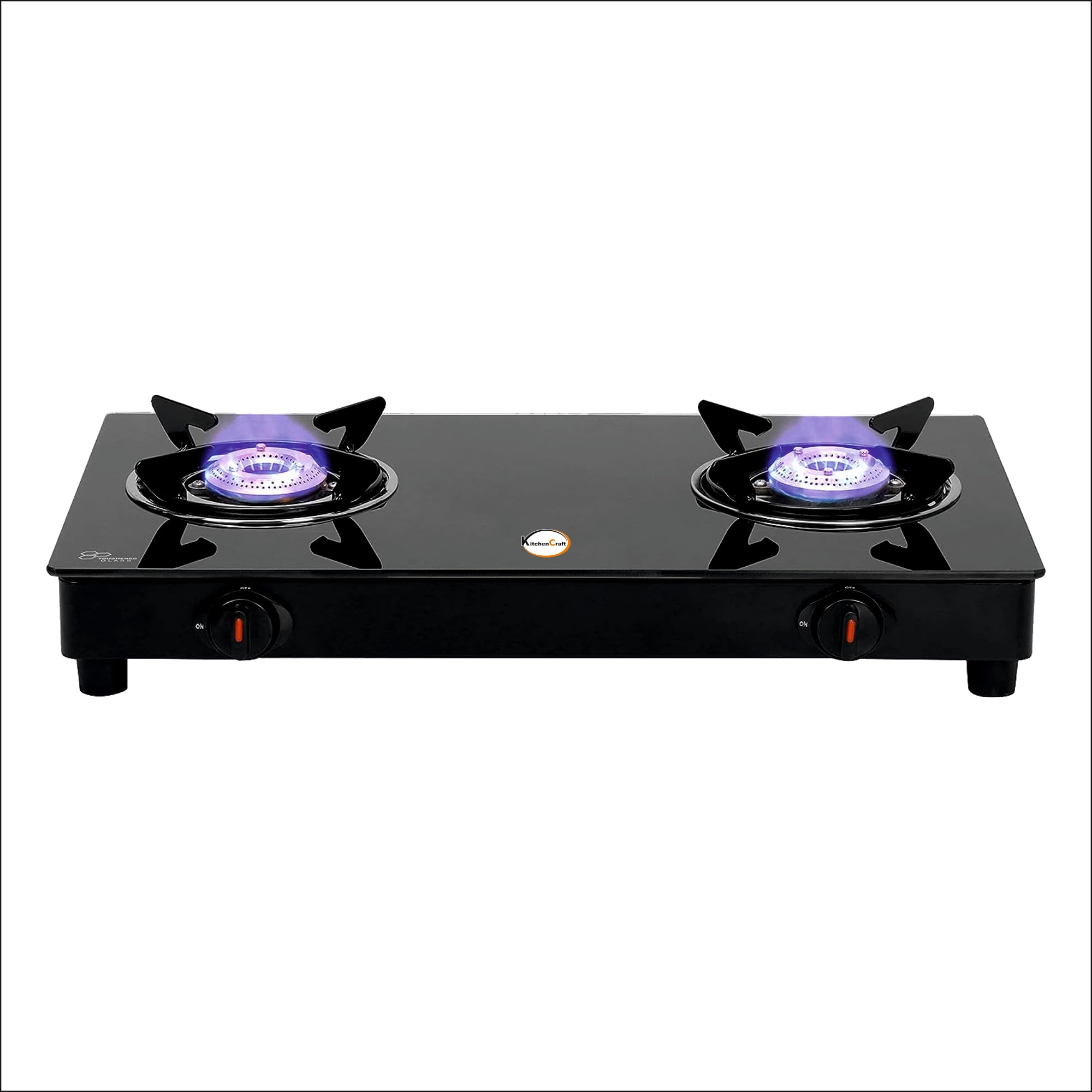 KitchenCraft 2 Burner Toughened Glass Top |LPG Gas Stoves|Black|Manual Ignition|Fixed Stainless Steel Drip Trays|Anti-Skid Feet|KCGT 2001