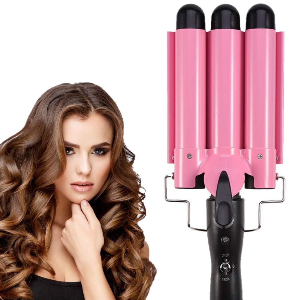 3 Barrel Curling Iron Wand 26mm Hair Waver Temperature Adjustable Ceramic Hair Curling Iron (Pink)