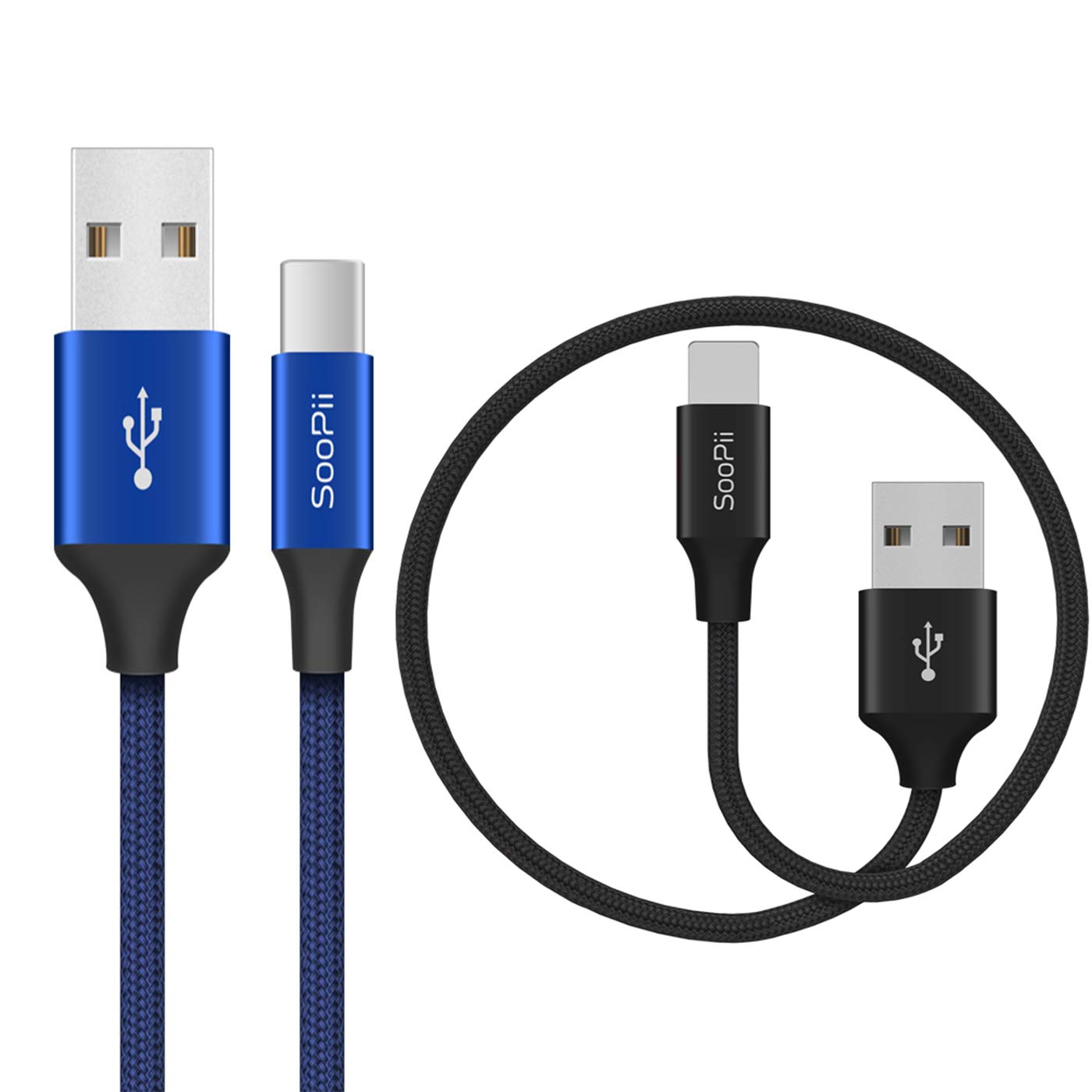 USB Type C Cable,SooPii 2 Cable (4ft + 1ft) Nylon Braided USB C to USB A Fast Charger Cord Sync Cable for Samsung, LG/G5/G6, HTC 10, One Plus, Nokia and More USB Type C Devices. ( 1.2M and 30 cm ) (Blue and Black)