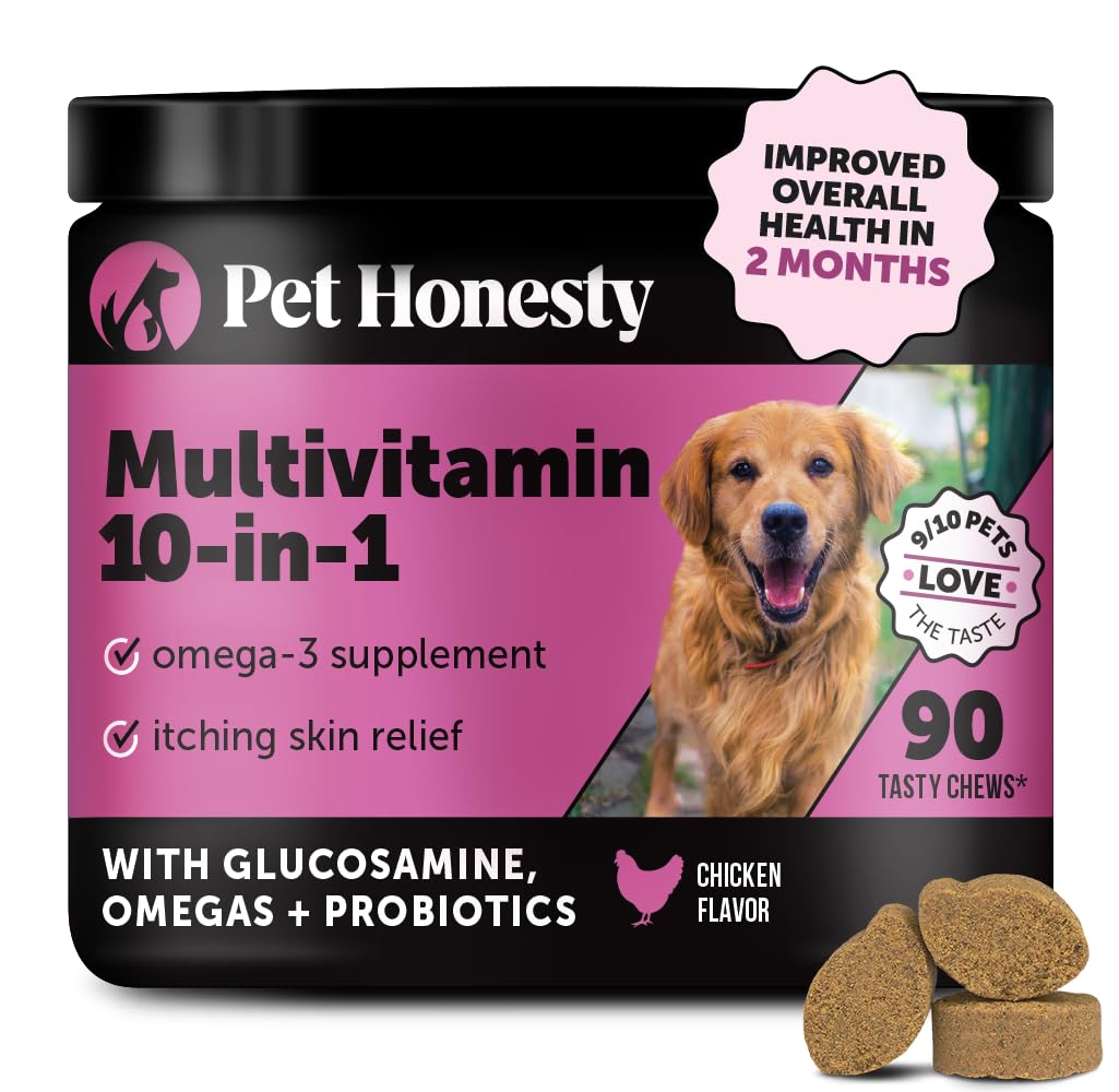 Pet Honesty Multivitamin Dog Supplement, Glucosamine Chondroitin for Dogs, Probiotics, Omega Fish Oil, Dog Supplements & Vitamins, Dog Vitamins for Skin and Coat Allergies, (Chicken 90 ct)