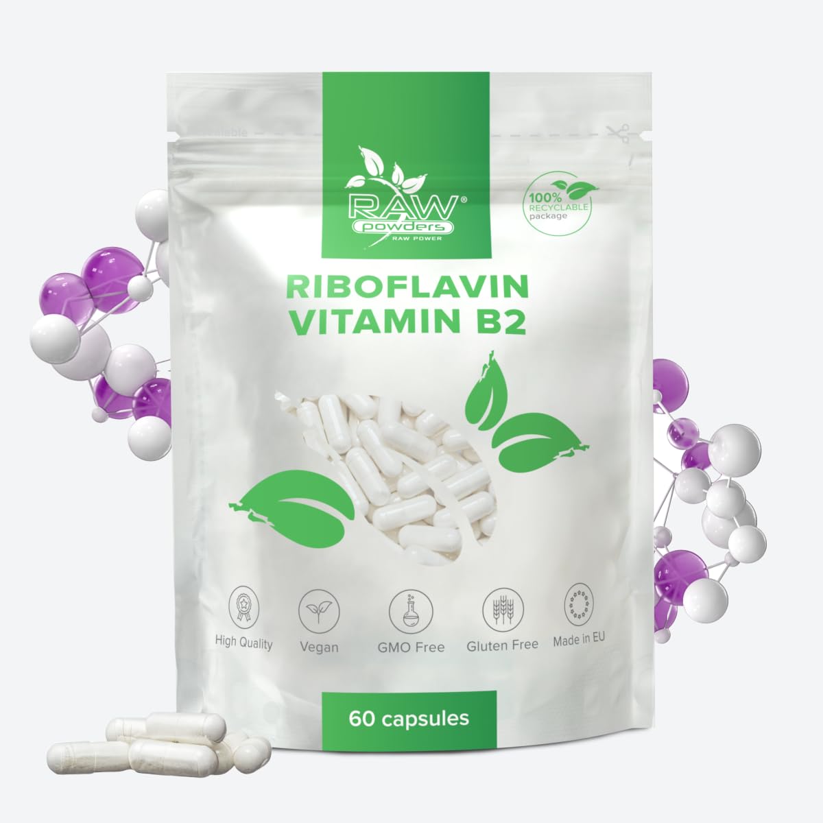 Riboflavin 100 mg 60 Capsules High Strength - Vegan Vitamin b2 riboflavin Supplement - Non-GMO & Gluten-Free - Helps with Tiredness and Fatigue, Supports Energy Levels by Raw Powders