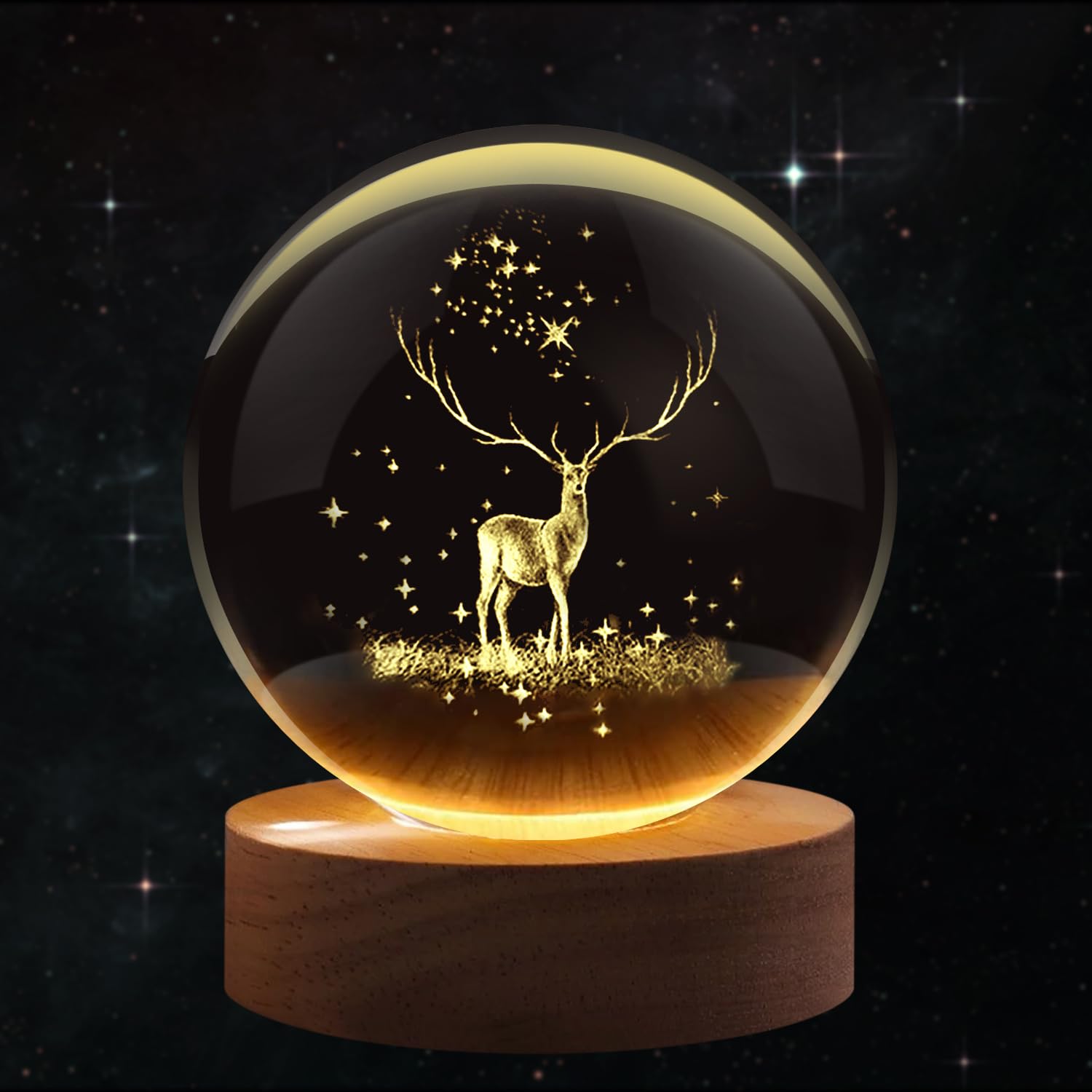 Flexzion 3D Elk Crystal Ball Night Light - LED Light Hologram Glass Lamp with Solid Wood Base, USB Powered Crystal Ball Lamp with Adjustable Brightness for Home Decor Display Gift, 2.4inch(60mm)