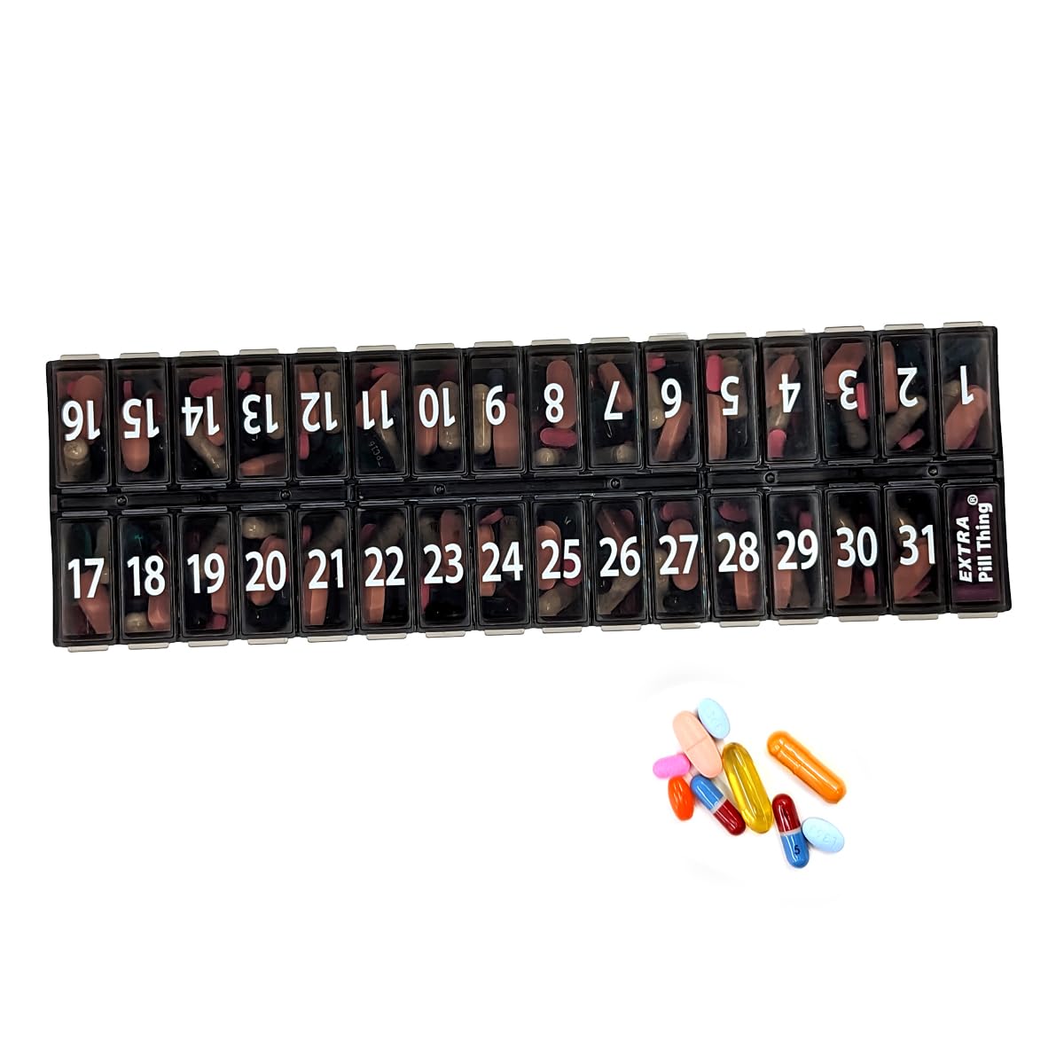 Once-a Day Monthly Pill Organizer Removable Lid for Easy Loading - Large Compartment Pill Box Medications for Entire Month Plus a Compartment for Extra Pills BPA Free (Black)