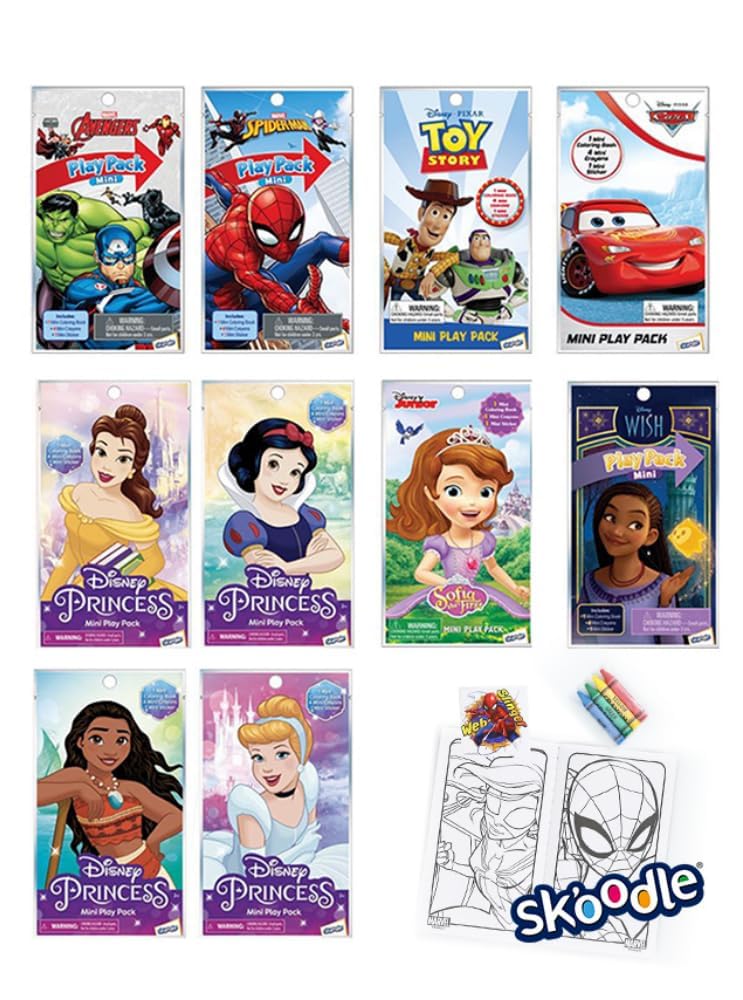 SKOODLE Disney 10 Mini Play Packs for Kids - Assorted Favors with Coloring Books, Stickers & More. Perfect Grab and Go Bundle for Boy and Girl Parties, Ideal for Giveaways.