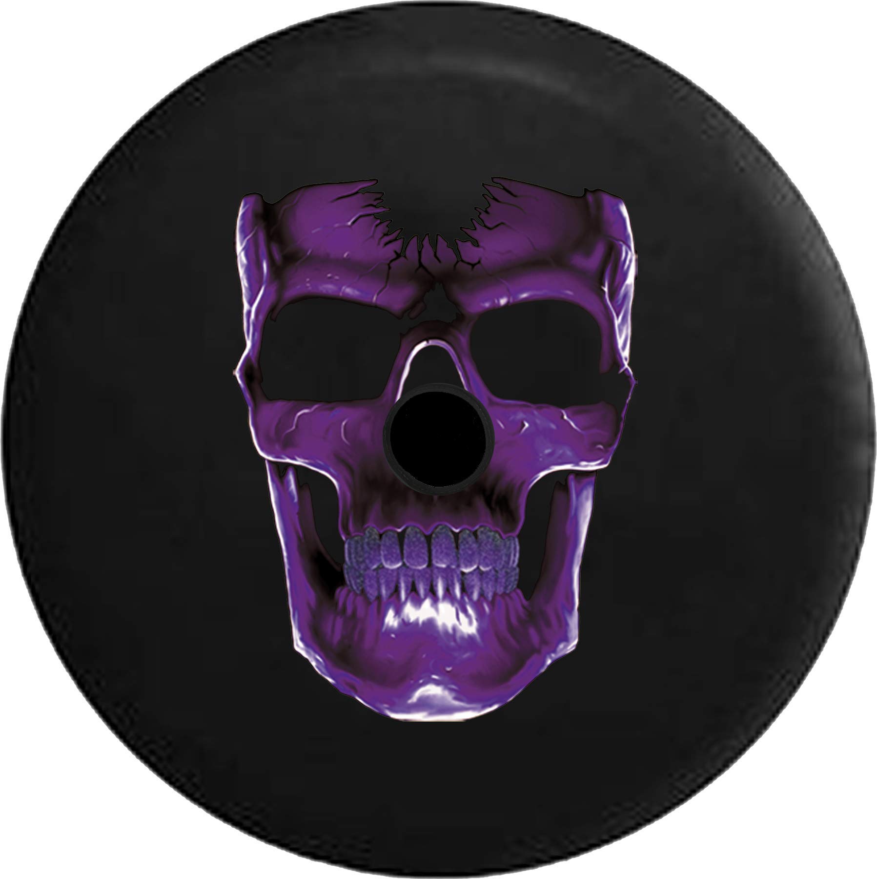 JL Spare Tire Cover 3D Cracked Grinning Skull Almost Glowing Purple with Backup Camera Hole Black 33 in