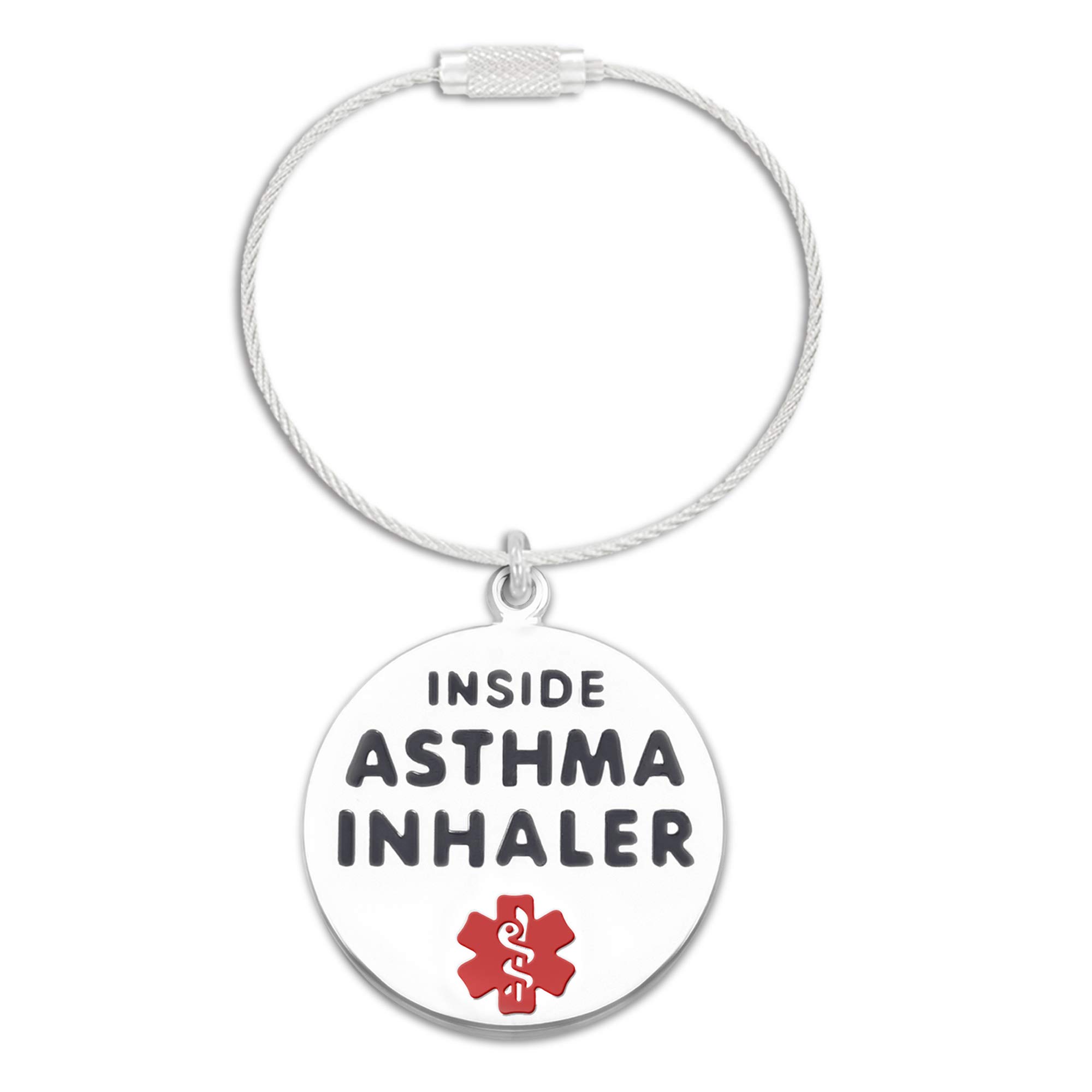 Divoti 1.25" Double-Sided Asthma Inhaler Inside Bag Tag -Cable Loop- Entirely Surgical Stainless Steel w/Hard Enamel