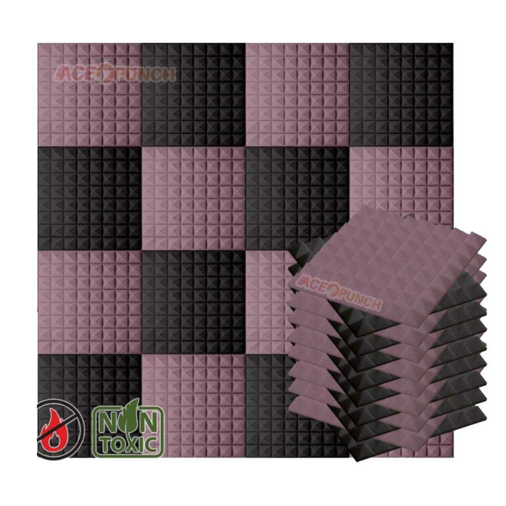 Acepunch 16 Pack BLACK AND PURPLE Color Combiantion Pyramid Acoustic Foam Panel DIY Design Studio Soundproofing Wall Tiles Sound Insulation with Free Mounting Tabs 19.6" x 19.6" x 1.9" AP1034