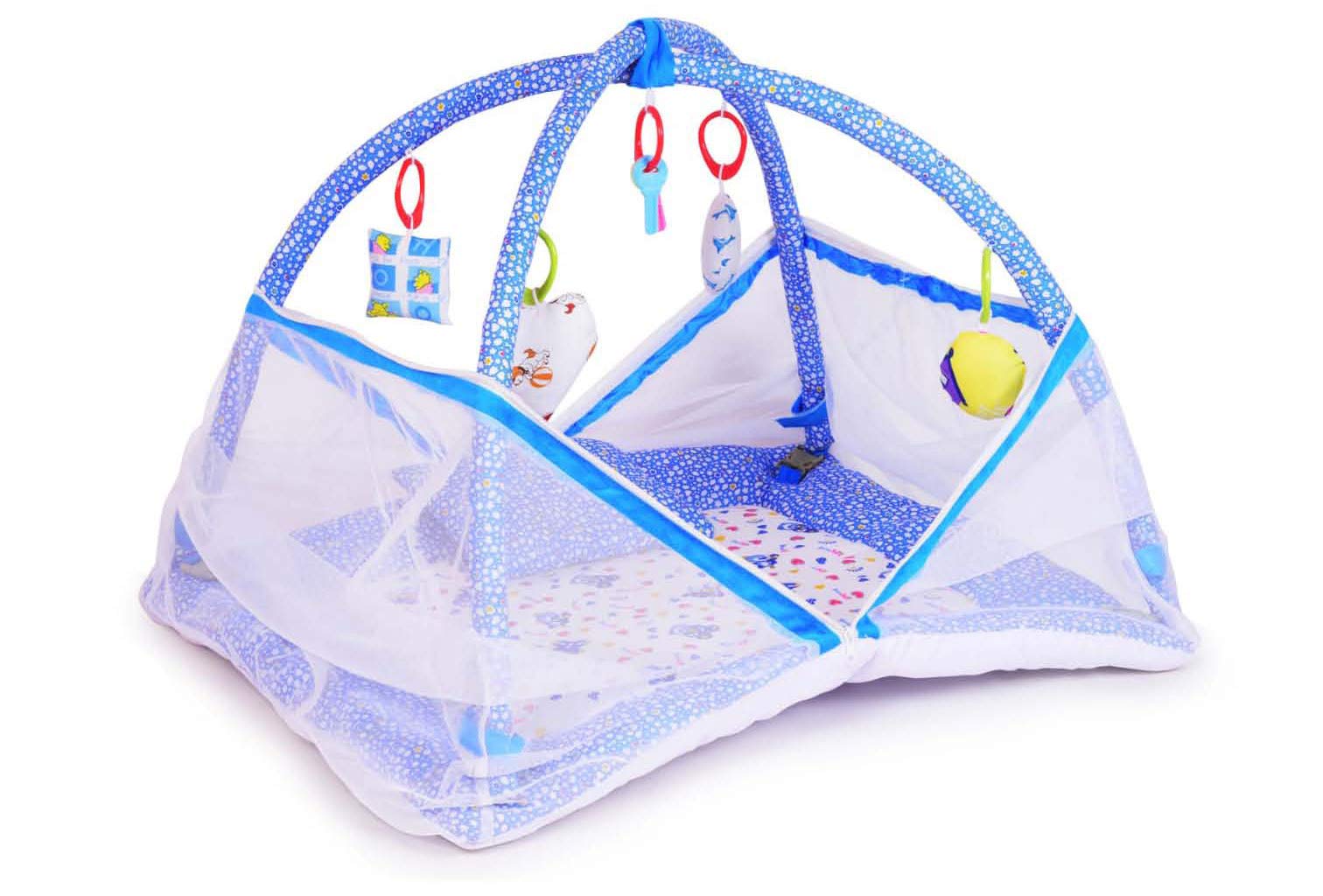 DearJoy Baby Bedding Set/Baby Bedding Mattress Set with Mosquito Net/Baby Bed Set and Baby Play Gym with Mosquito Net (Blue Bunny Print)