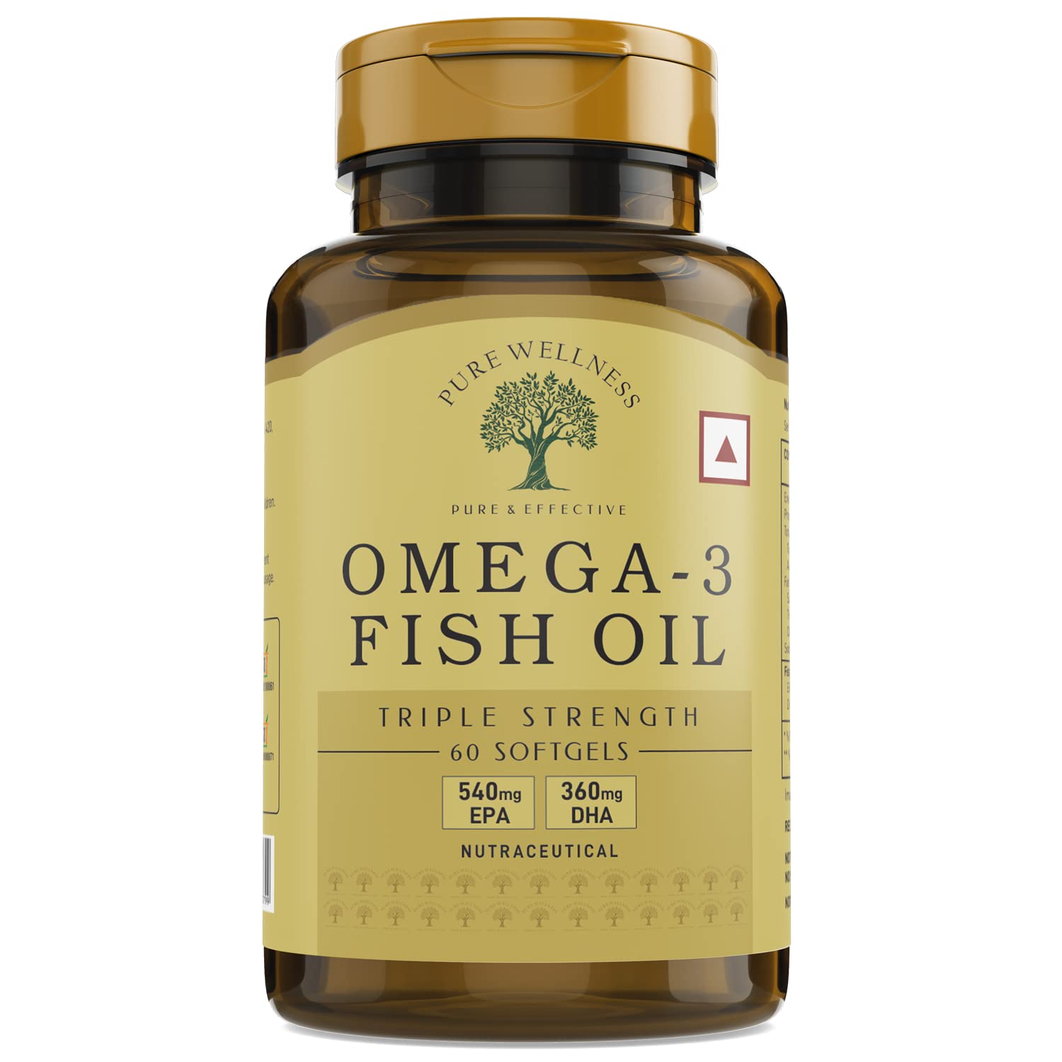 PURE WELLNESS Triple Strength Omega 3 Fish Oil Capsules for Men & Women 1000mg with EPA 540mg, DHA 360mg for Brain, Heart, Eyes, and Joints Health (60 Softgels)