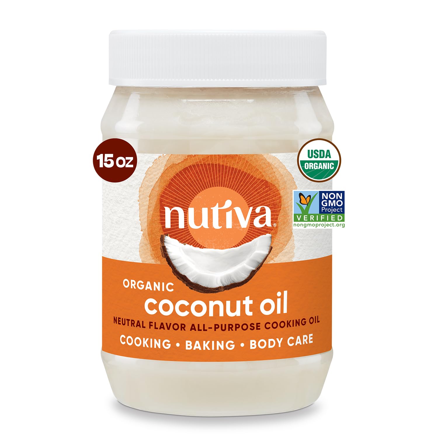 NutivaOrganic Steam-Refined Coconut Oil, 15 Fluid Ounce, USDA Organic, Non-GMO, Vegan, Keto, Paleo, Neutral Flavor and Aroma for Cooking & Natural Moisturizer for Skin and Hair