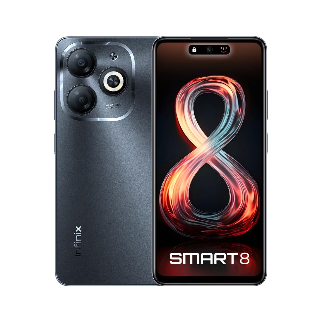 InfinixSmart 8 (RAM: 3+3GB, ROM: 64GB), 6.6" HD+ Display, 13MP Dual AI Rear Camera With Ring Flashlight, 8MP Front Camera, 5000 mAh Battery, Dual Nano Sim, Type-C, Android 13 - Timber Black Color