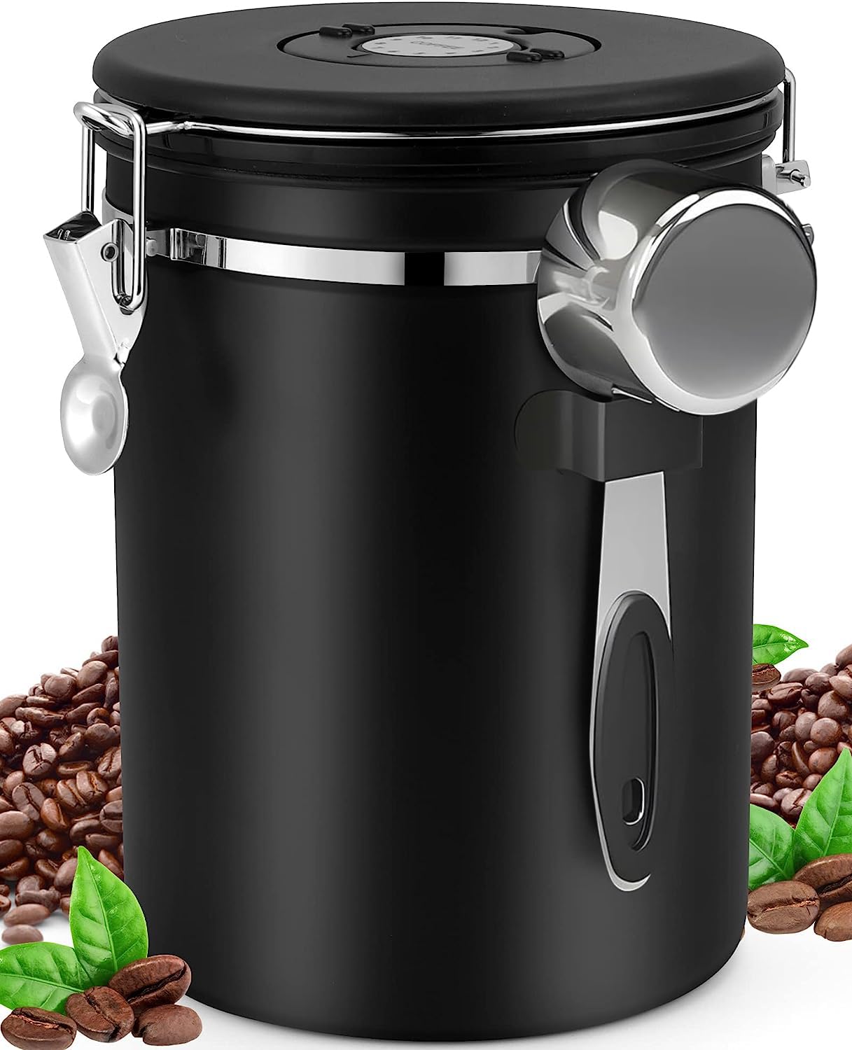 U-HOOMECoffee Canister, Airtight Stainless Steel Kitchen Food Storage Container with Date Tracker and Scoop for Beans, Grounds, Tea, Flour, Cereal, Sugar, 22OZ, Black