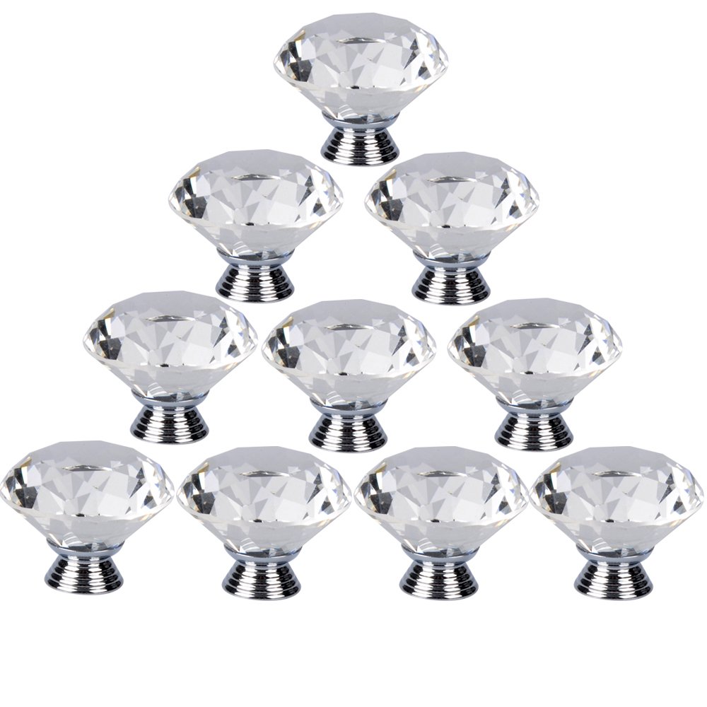 MyArmor 10x Zinc Alloy 40MM Diamond Shape Clear Crystal Glass Cabinet Knob Cupboard Drawer Pull Handle Great for Cupboard, Kitchen and Bathroom Cabinets, Shutters, etc