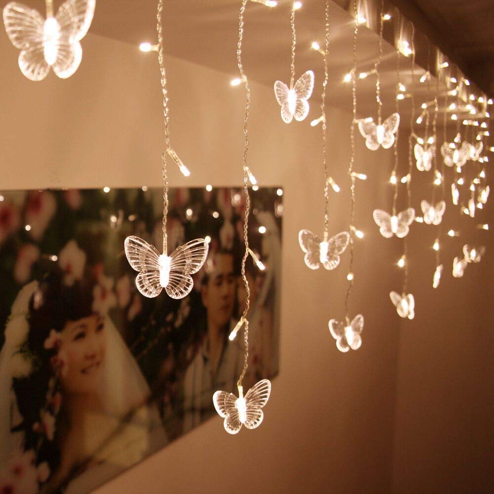 Led Curtain Lights USB Powered 8 Modes Window Curtain String Lights Butterfly Twinkle Lights for Christmas Dorm Room Decoration(Warm White)