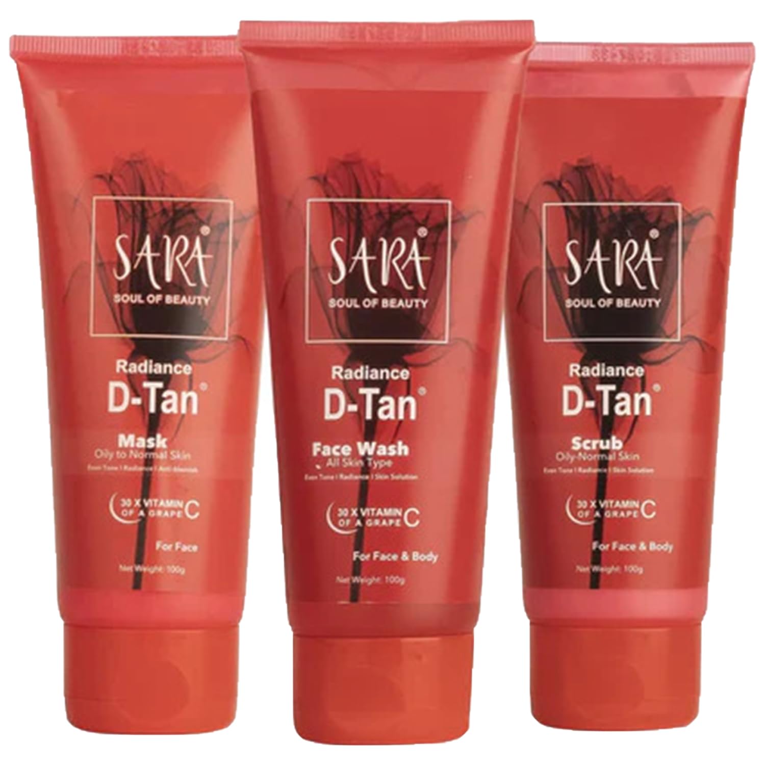 Sara D-TAN® Mask, Scrub & Face Wash Pack | Perfect For De-Tanning Solution, Exfoliation & Radiant skin, (3 X 100) gm