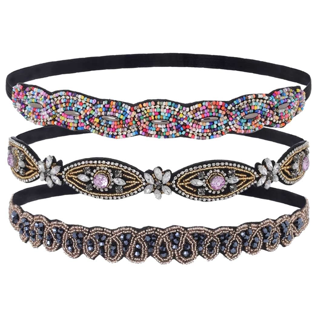 Woeoe African Rhinestone Beaded Headband Crystal Elastic Handmade Hair Bands No Slip Vintage Hair Jewelry Accessories for Women Girls(Pack of 3)