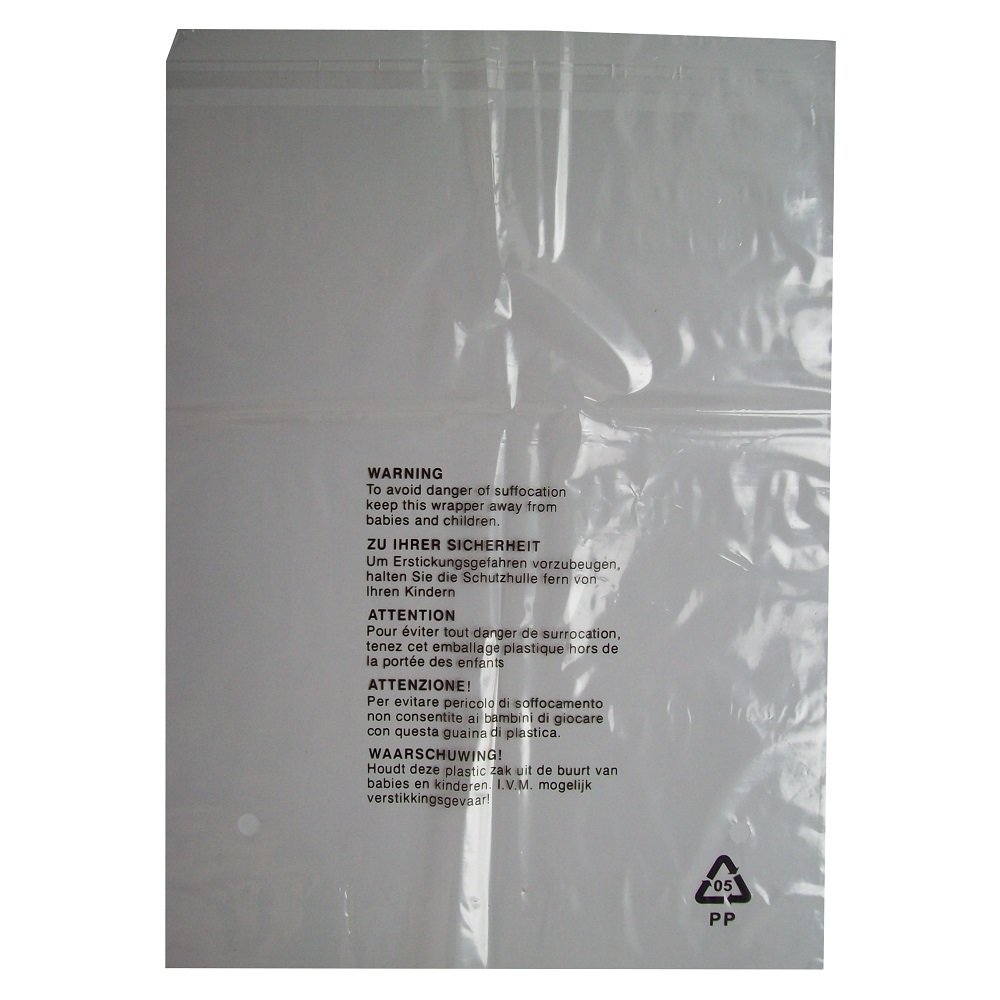 100 CLEAR TRANSPARENT PLASTIC SELF SEAL GARMENT CLOTHING RETAIL PACKAGING BAGS SAFETY WARNING - LARGE SIZE 12x15" 300x380mm 38mu - CLOTHES T SHIRT STORAGE PROTECTION DISPLAY PACKING