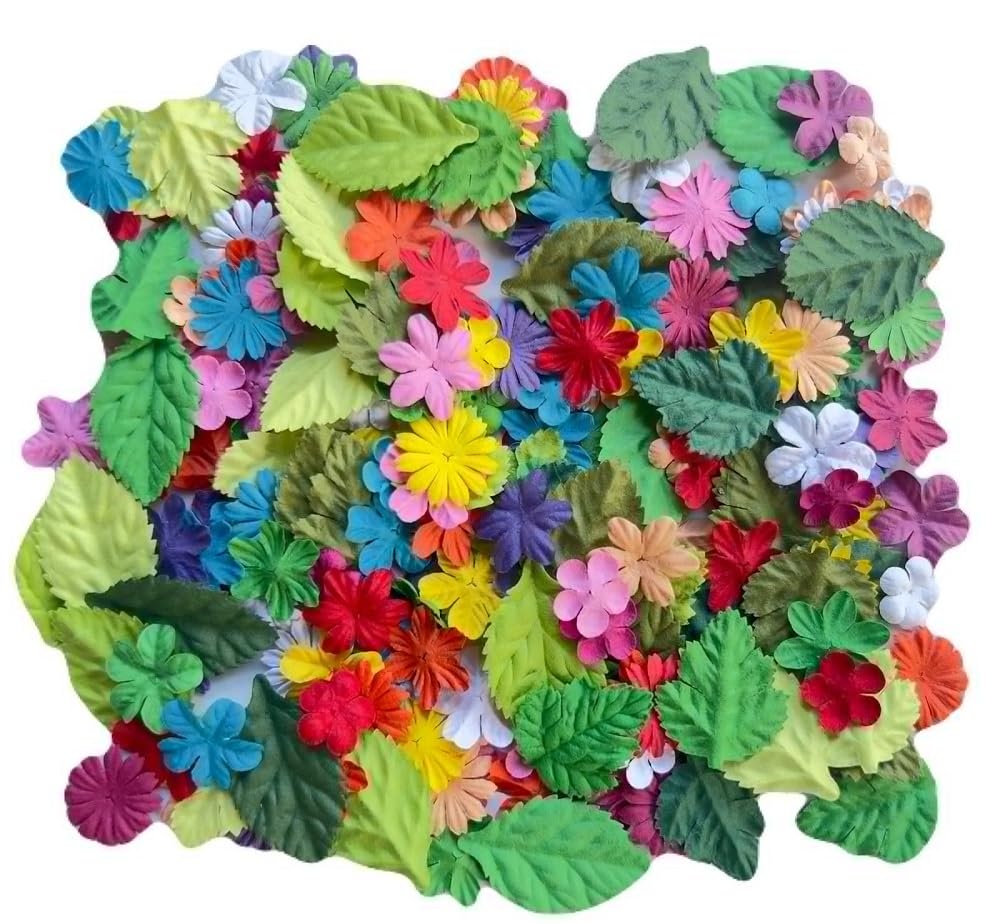 100 Pcs Handmade Mixed Mulberry Paper flowers Petals and Leaves Scrapbooking Wedding DIY Craft Supplies Card (10 Colors Flowers/Green Tone Leaves)