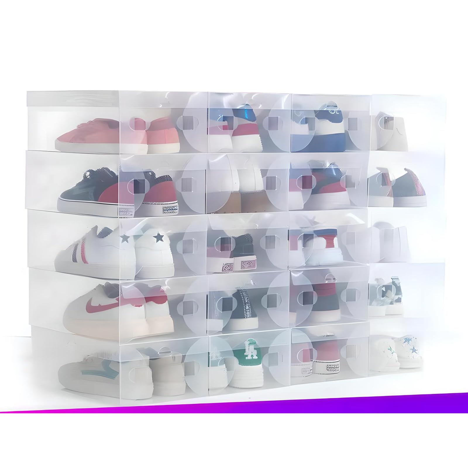 KERDEETE 20 Pack Shoe Storage Boxes, Clear Plastic Shoe Box 33x20x12cm, Stackable Storage Boxes, Foldable Shoe Organiser Box with Handle for Closet/Hallway/Under Bed