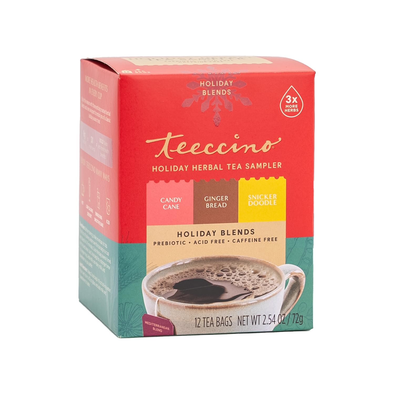 Teeccino Holiday Herbal Tea Sampler Assortment - Candy Cane, Gingerbread, Snickerdoodle - Caffeine-Free Holiday Dessert Teas with Prebiotic Chicory, 12 Tea Bags