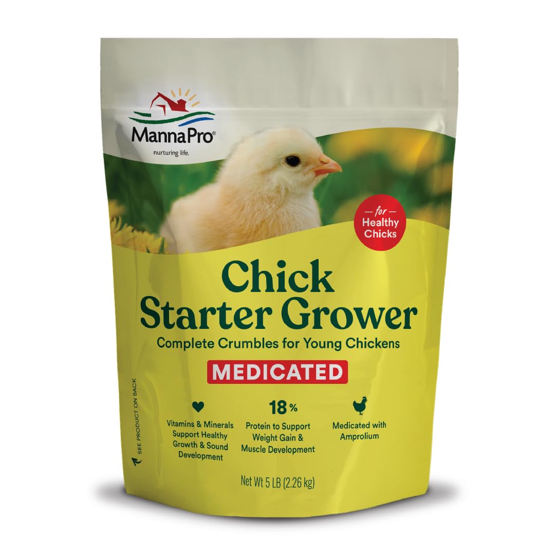 Manna Pro Chick Starter Grower - Medicated Chick Feed Crumble for Young Chickens - Formulated with Amprolium - 5 lbs