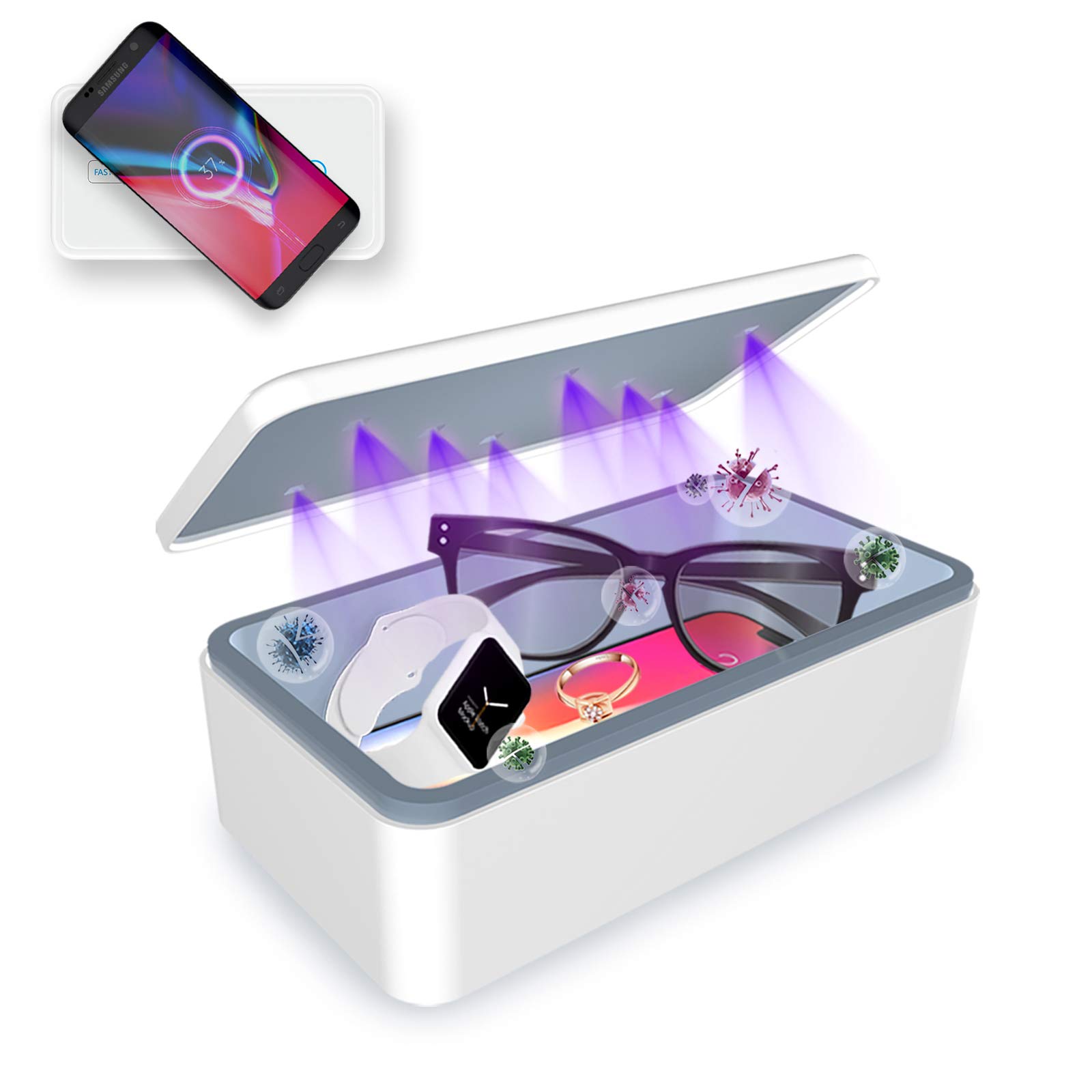 CahotUV Sterilizer Box, Portable UV Light Phone Sterilizer Box with Extra Rack, Wireless Charging for Smart Phone, Deep UV Sterilizing Box for Cell Phone, Watches, Jewelry, Glasses Sanitation