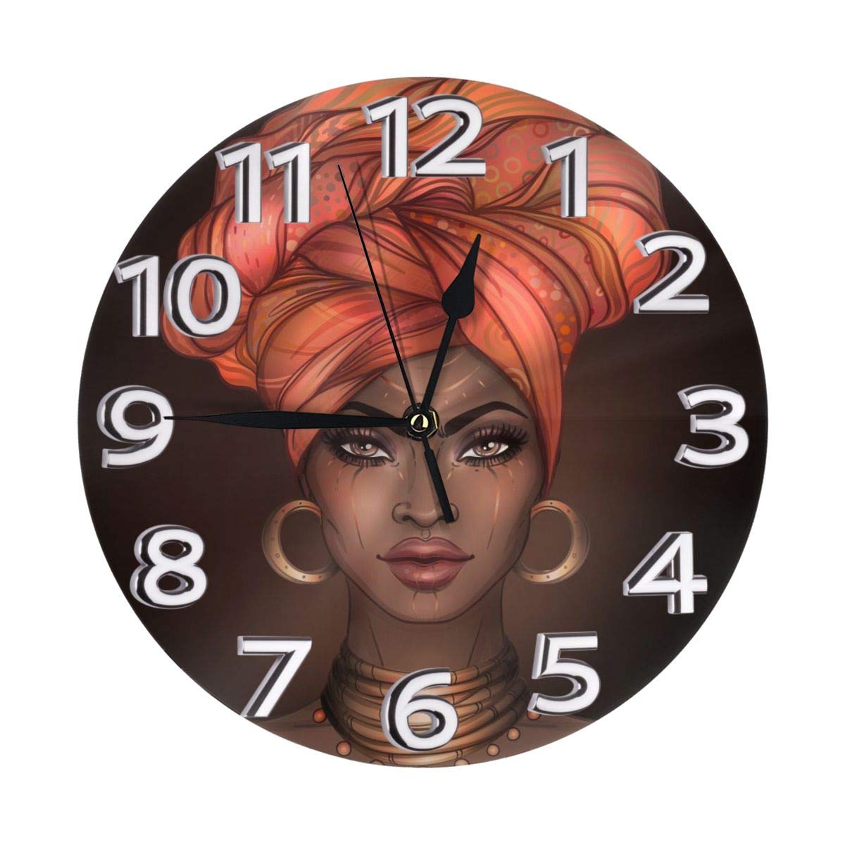 African American Woman Wall Clock Battery Operated Silent Non Ticking Round Clock Beautiful Portrait Wall Decor for Women‘ Bedroom, Living Room, Office, School 9.8 Inch