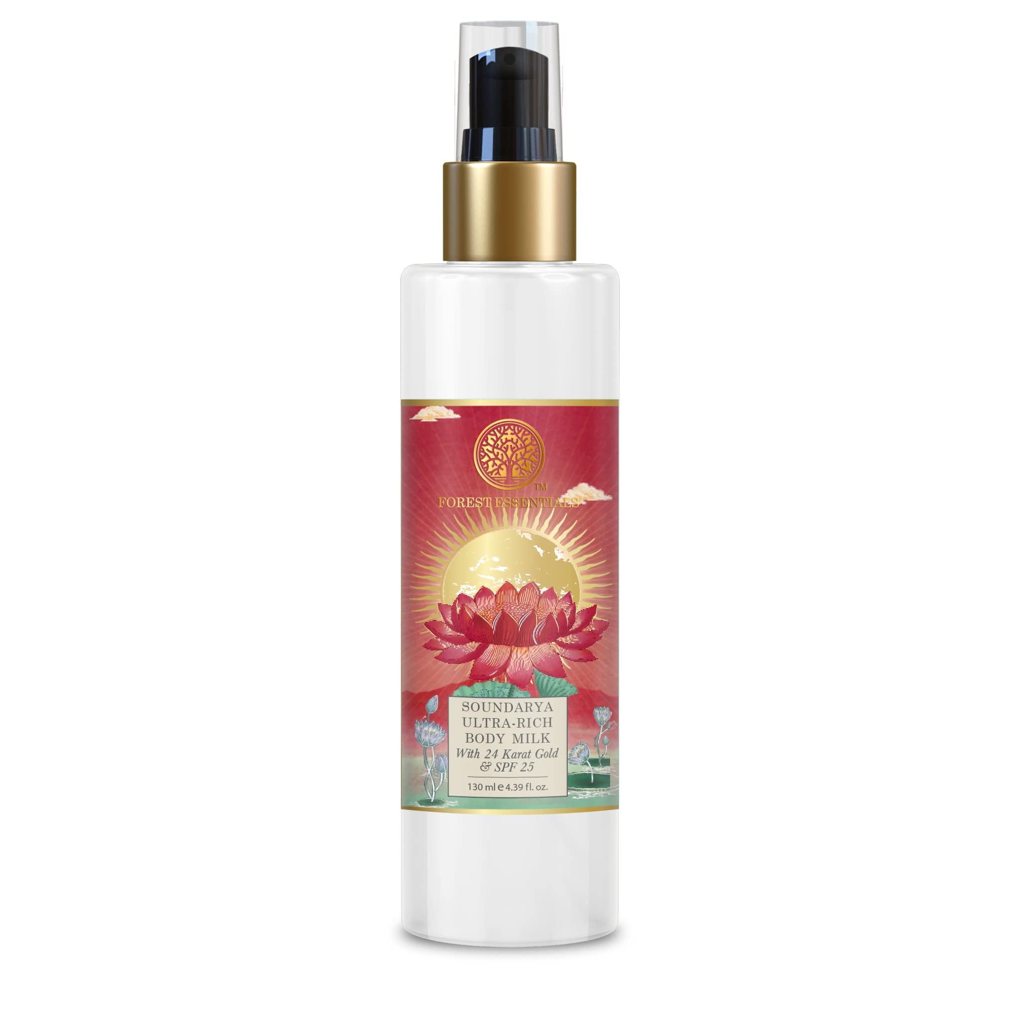 Forest Essentials Ultra Rich Body Milk Soundarya With 24K Gold & SPF25 | Ayurvedic Body Lotion with SPF | Tan Removal Natural Body Moisturizer, UVA & UVB Protection, Paraben Free | 130 ml