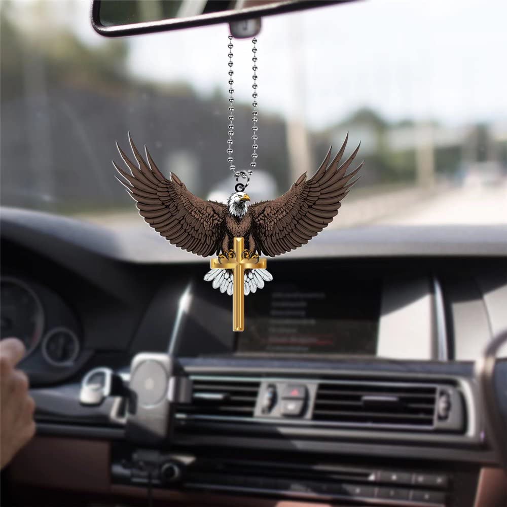 Wowfeel American Eagle Car Hanging Ornament,Christian Cross Interior Rearview Mirrors Charms Ornament Automotive Pendant,Religious Car Ornament,Home Wall Hangings Decor