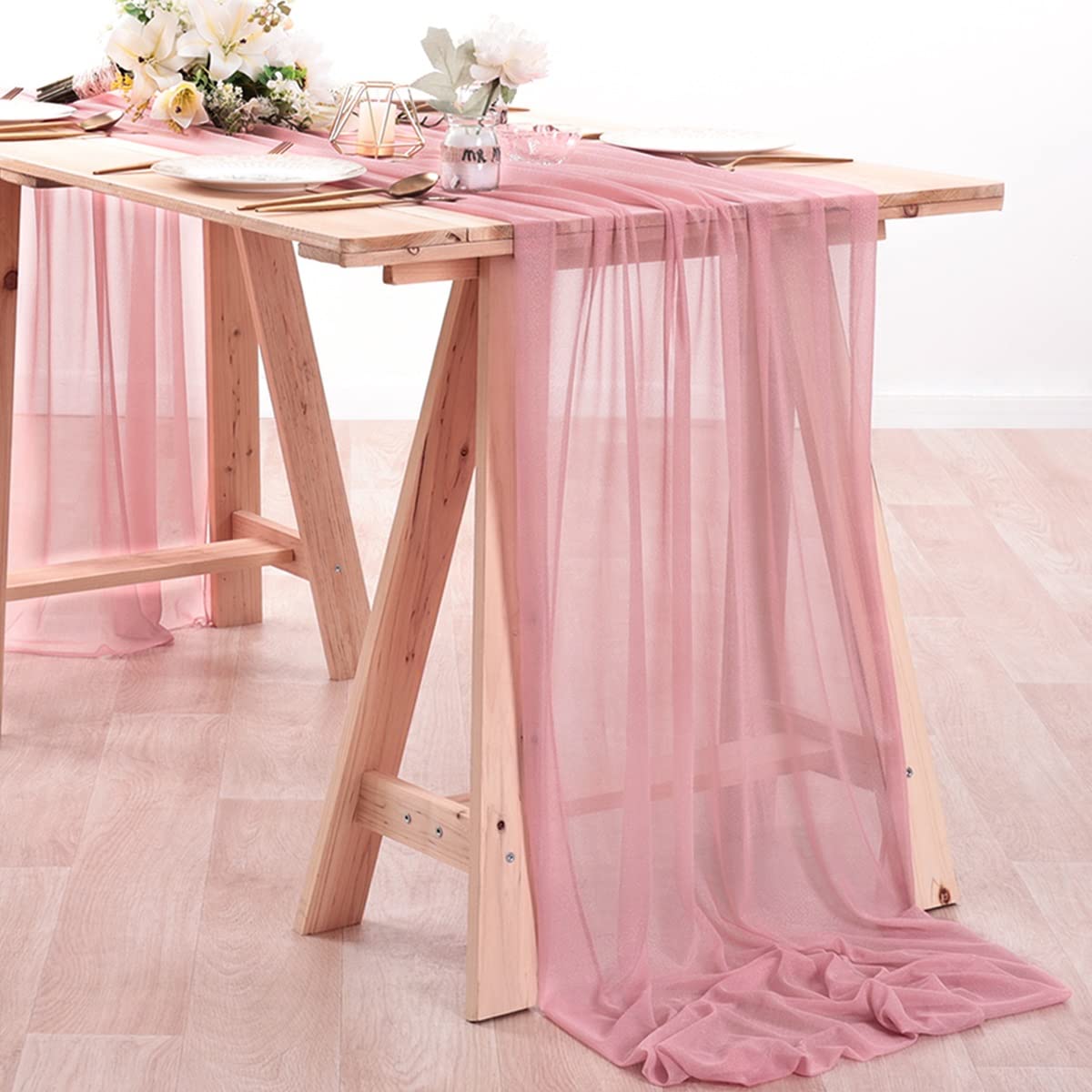 MLMC 10ft Dusty Rose Shiny Gauze Table Runner 29x120 Inches Chiffon Like Table Runner for Wedding Party