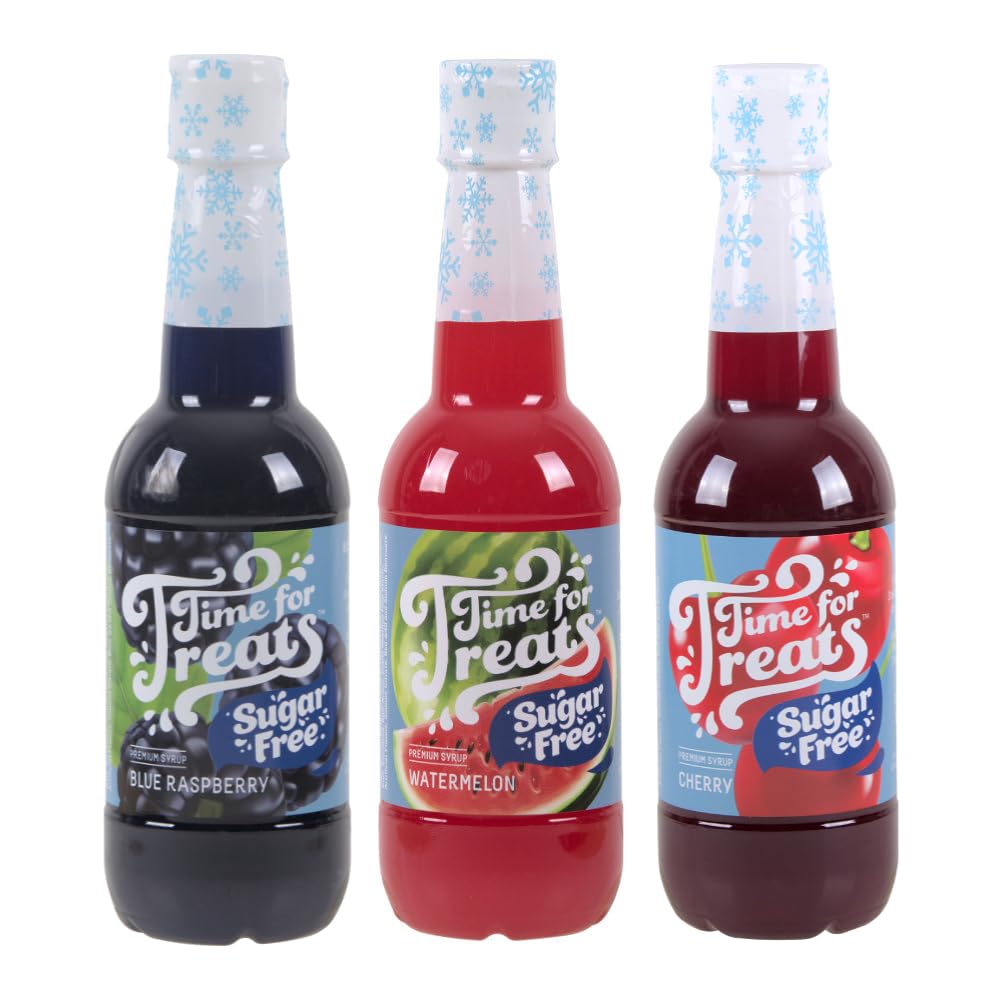 Time for Treats 3-Pack Sugar Free Cherry, Blue Raspberry, Watermelon Syrup Snow Cones, Homemade Sodas, Cocktails, Coffee, Baking and More - 16.9 Fluid Ounce Per Bottle