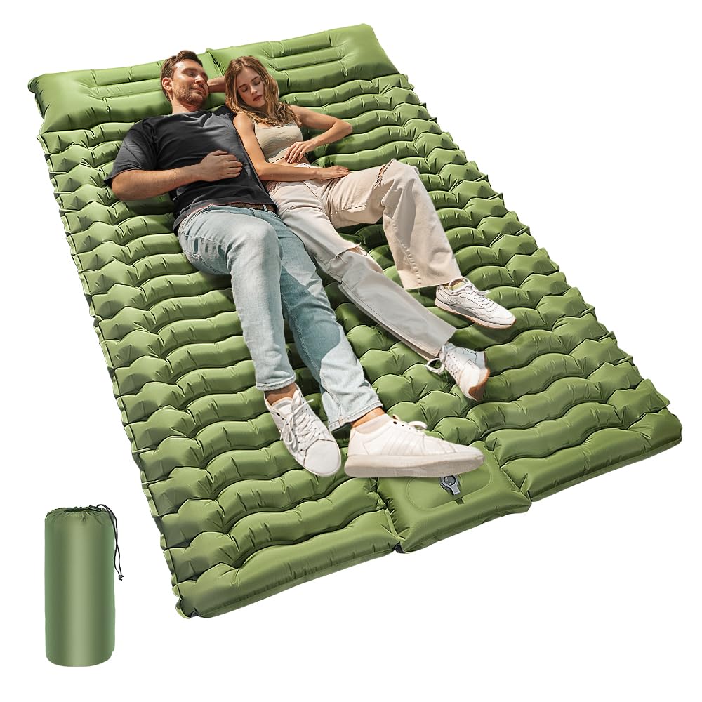 Double Camping Sleeping Pad, 2 Person Ultralight Camping Mattress with Pillow Built-in Foot Pump Inflatable Sleeping Pad for Camping Hiking Traveling Tent, Green