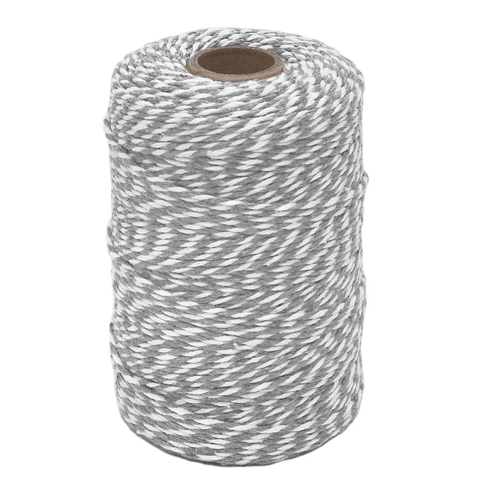 Tenn WellGrey and White Twine, 656 Feet 2mm Striped Cotton Bakers Twine for Baking, Gift Wrapping, Ornament Hanging, Crafting, Packing