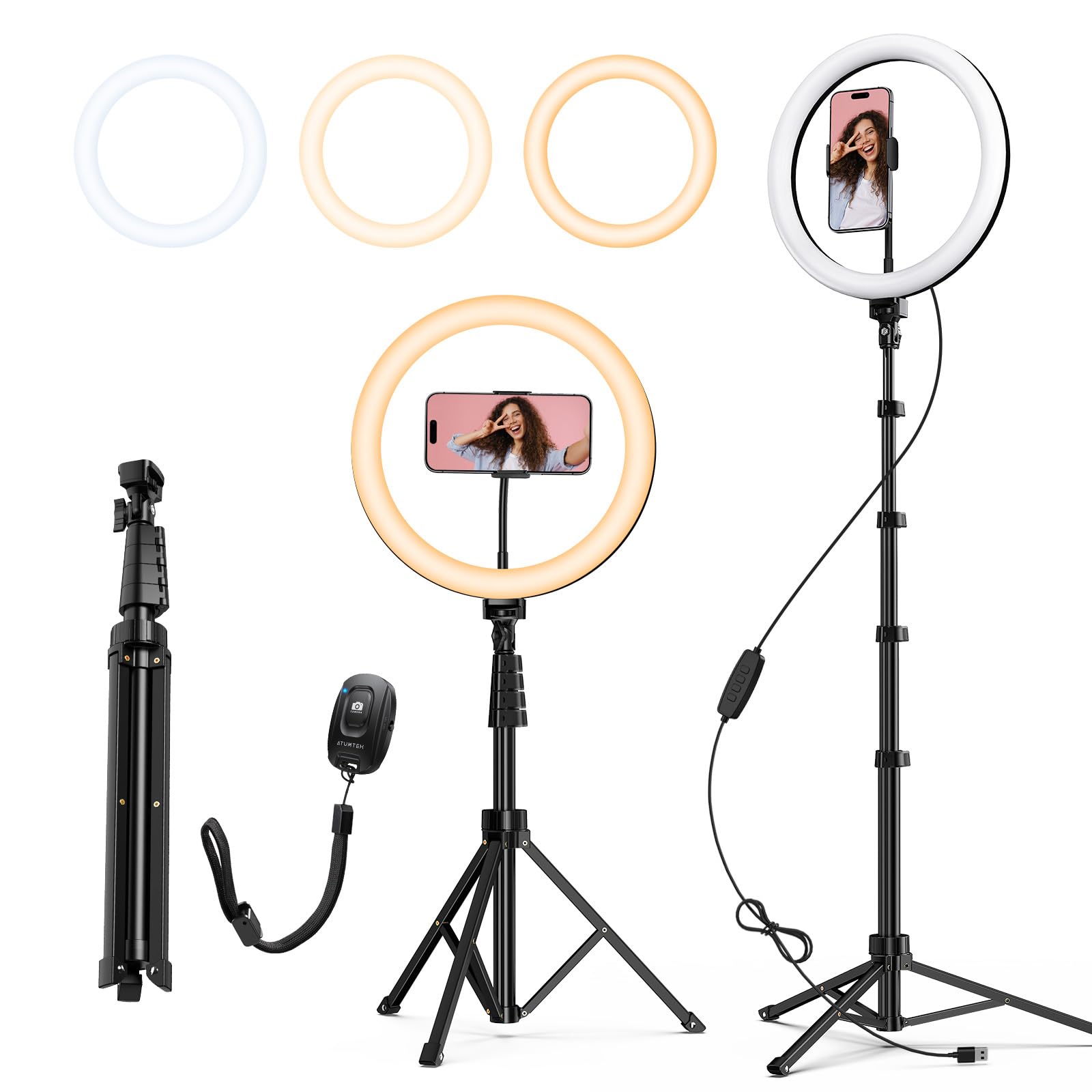 ATUMTEK12 Inch Ring Light with Tripod Large, Adjustable Ring Light with 3 Lighting Modes and 10 Levels, Photo Light with Remote Control for Tiktok/Youtube/Live Stream (160 cm)