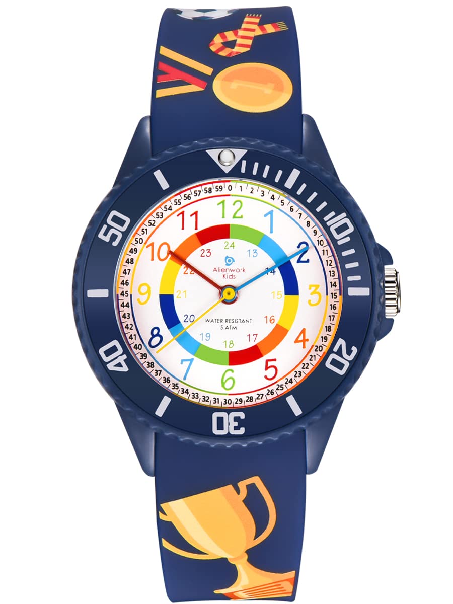 AlienworkFootball Boys Learning Watch Children Boys Girls Navy Blue Silicone Bracelet Multi-Coloured Children Waterproof 5 ATM Learning Time