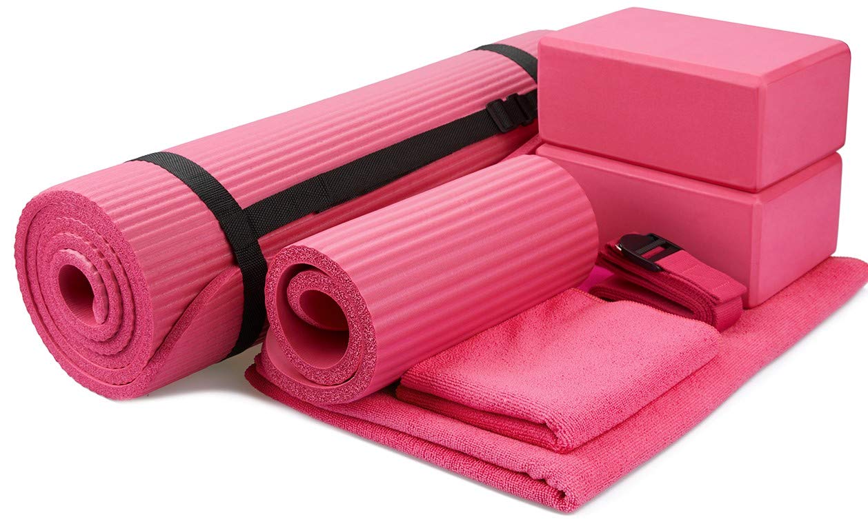 BalanceFrom GoYoga 7-Piece Set - Include Yoga Mat with Carrying Strap, 2 Yoga Blocks, Yoga Mat Towel, Yoga Hand Towel, Yoga Strap and Yoga Knee Pad