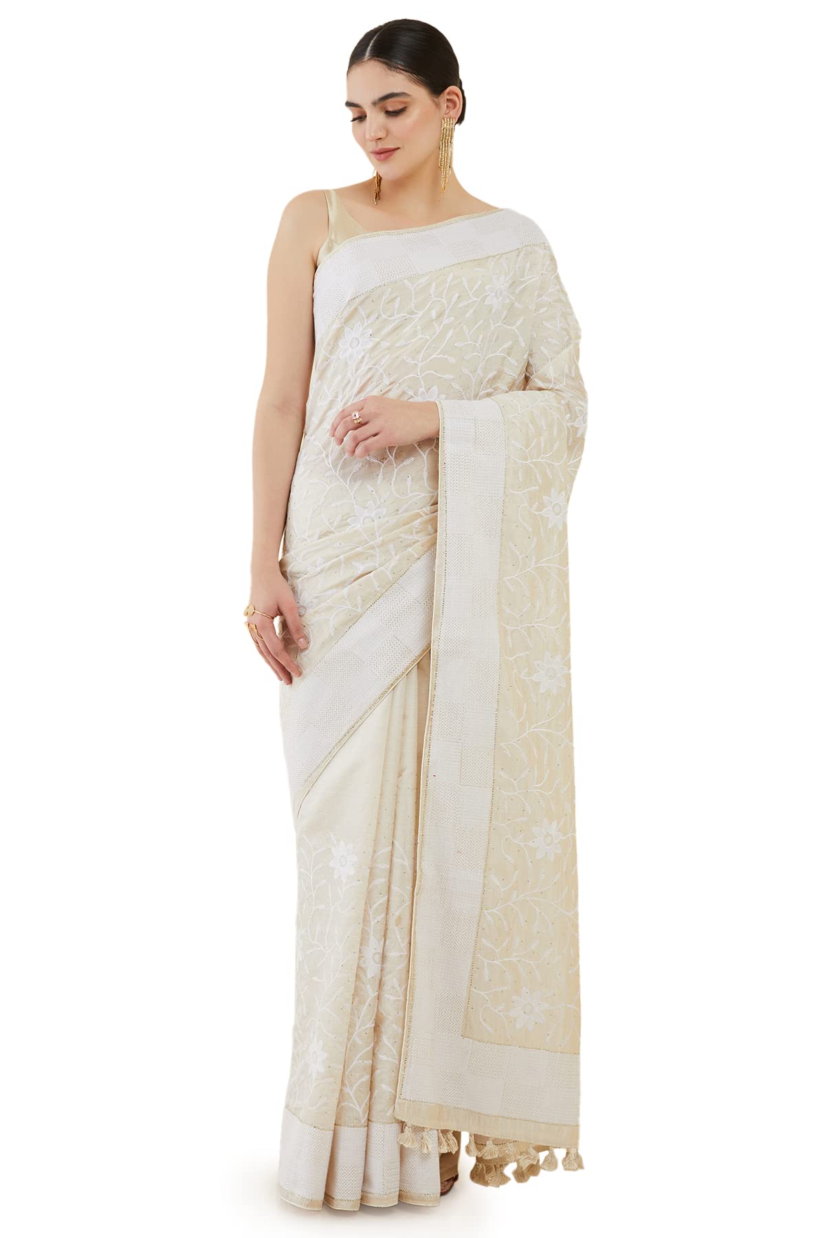 SochWomen White Tussar Silk Floral Saree