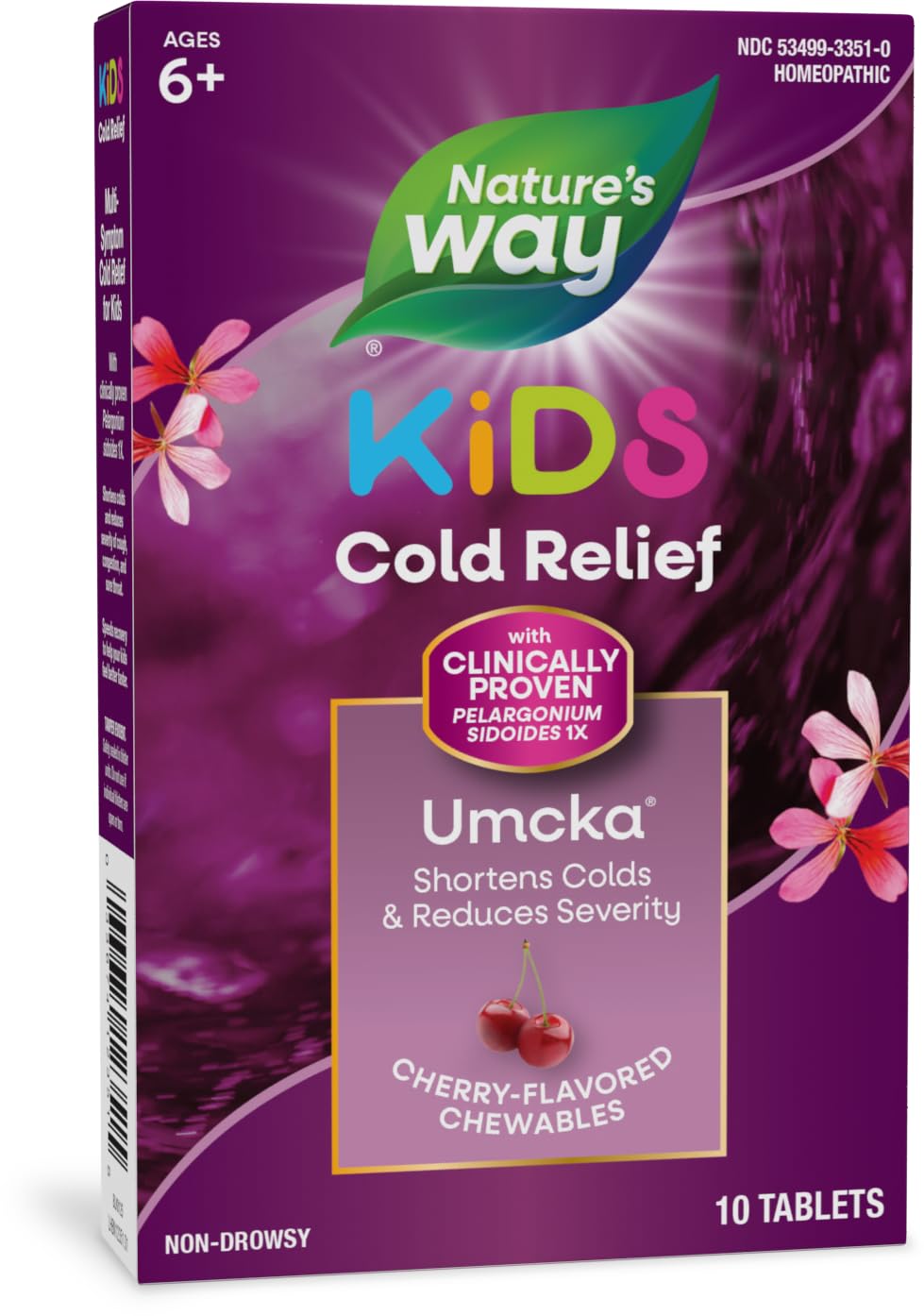 Nature's WayCold Relief for Kids 6+, Umcka, Shortens Duration & Reduces Severity, Multi-Symptom Cold Relief, Homeopathic, Phenylephrine Free, Cherry Flavored, 10 Chewable Tablets (Packaging May Vary)