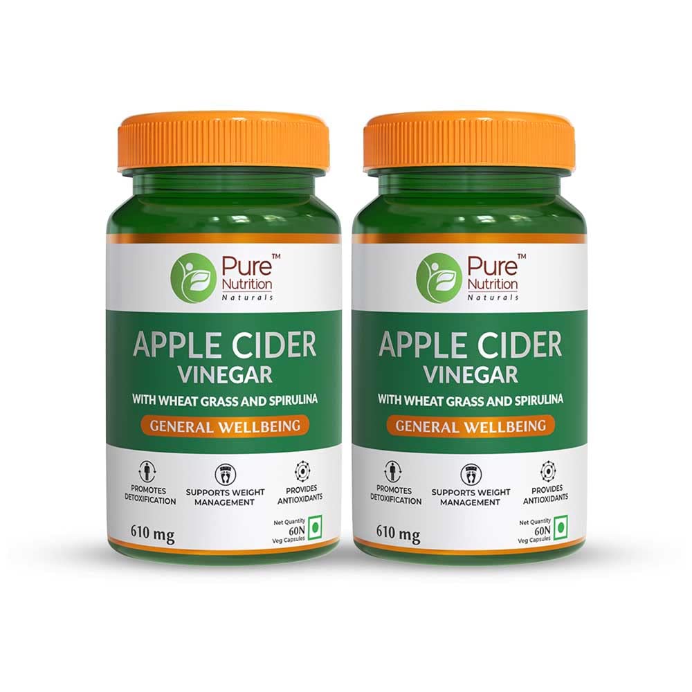 Pure Nutrition Apple Cider Vinegar with Wheat Grass & Spirulina for Enhanced Wellness | Rich in Antioxidants | Supports Weight Management, Detoxification & Immunity - 60 Veg Capsules (Pack of 2)